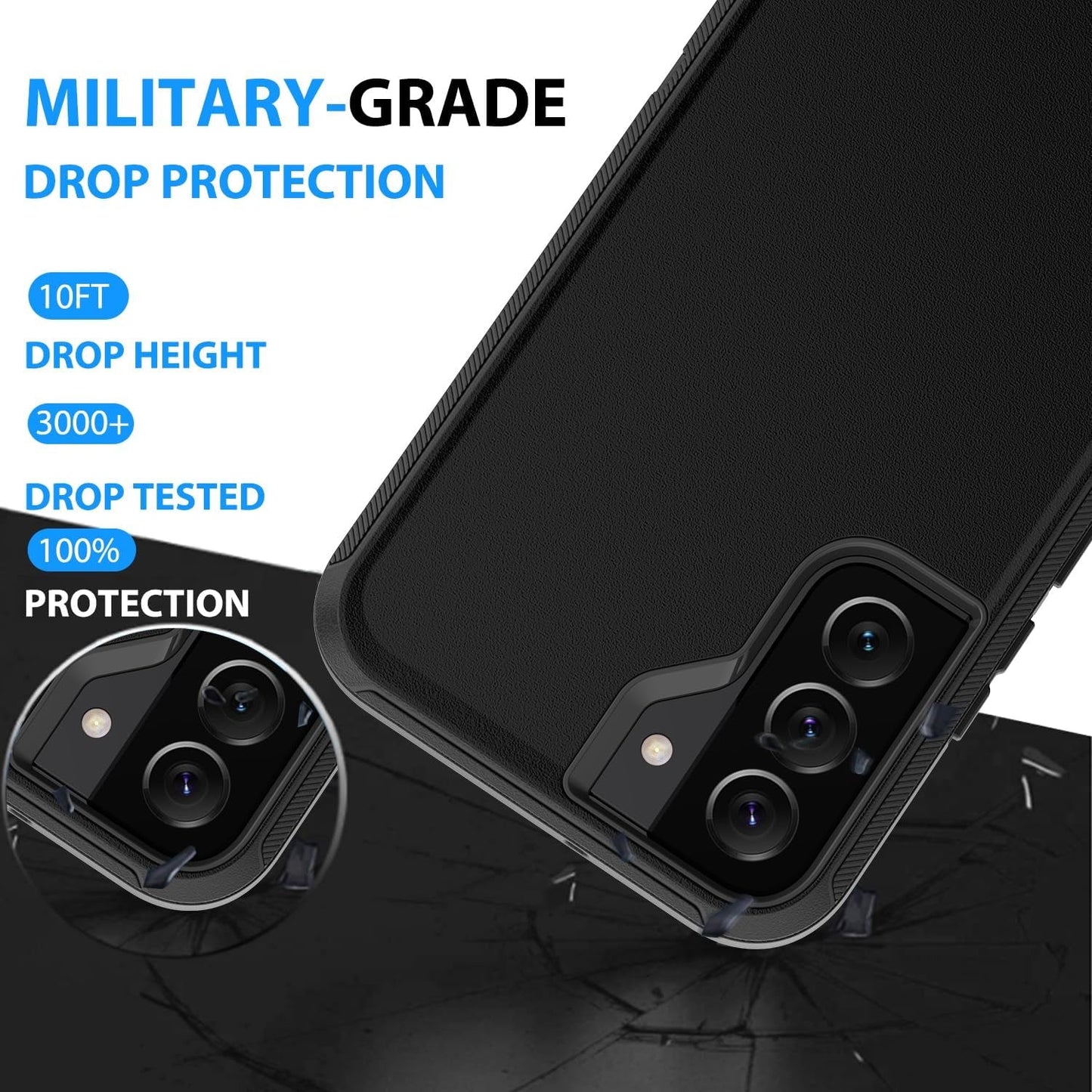 For Samsung Galaxy S22 plus Case with [2 Pack] HD Screen Protector, [Military-Grade] Shockproof Dust/Drop Proof 3-Layer Full Body Protection Heavy Duty Case for Galaxy S22+ Plus, Black