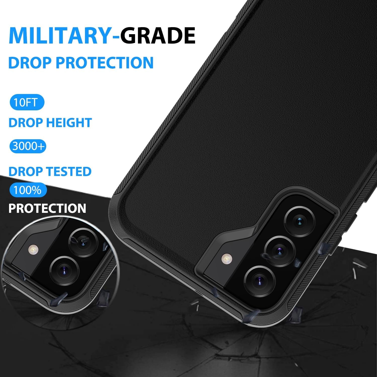 For Samsung Galaxy S22 plus Case with [2 Pack] HD Screen Protector, [Military-Grade] Shockproof Dust/Drop Proof 3-Layer Full Body Protection Heavy Duty Case for Galaxy S22+ Plus, Black