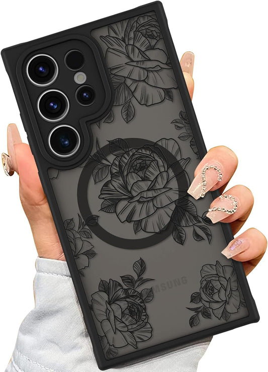 AIGOMARA Magnetic Case for Samsung Galaxy S24 Ultra [Compatible with Magsafe] Black Flower Floral Pattern Case for Women Girls Soft TPU Bumper Hard PC Back Anti-Fall Shockproof Protective Slim Cover