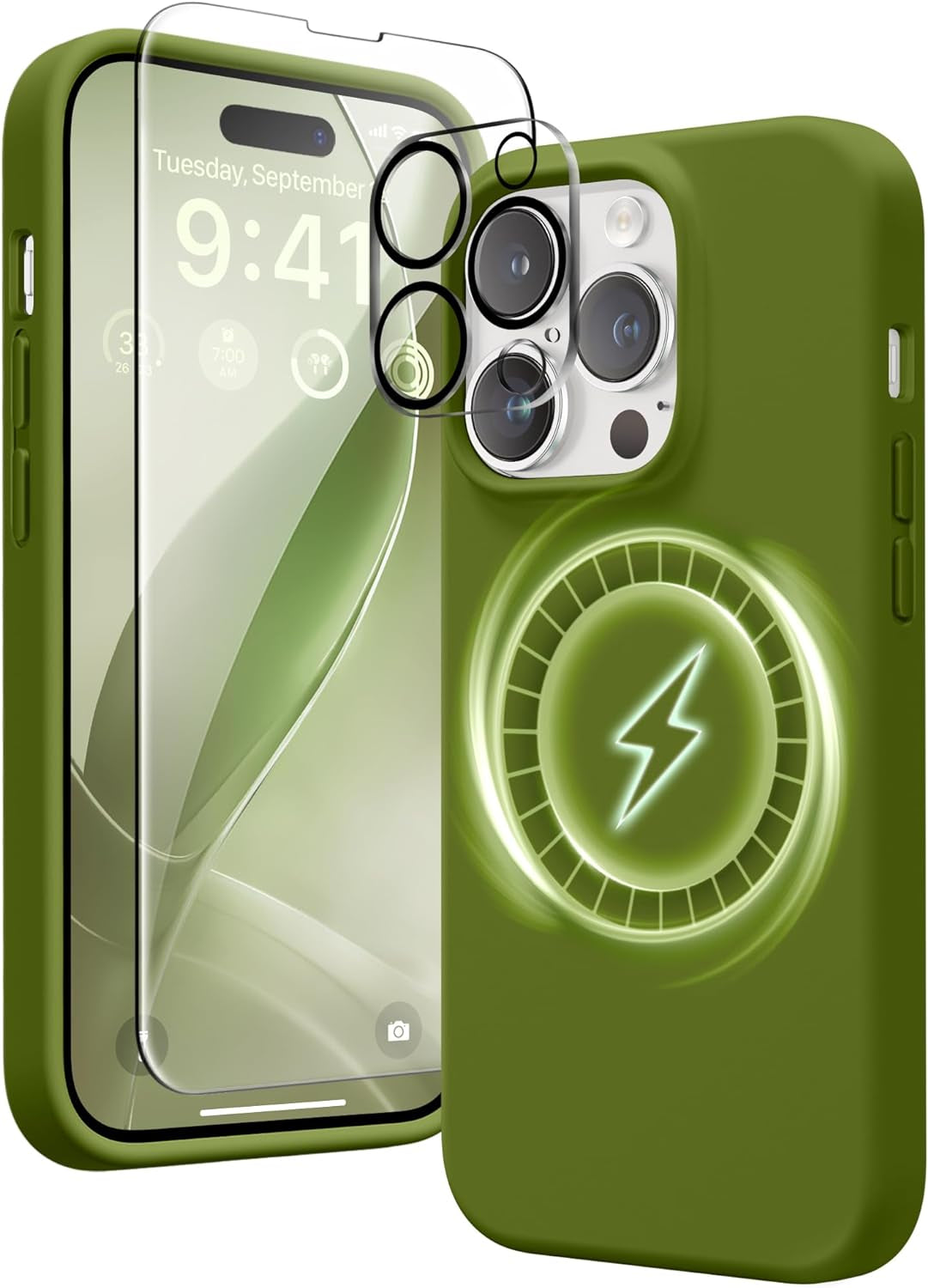 GONEZ for Iphone 14 Pro Max Case Silicone, Compatible with Magsafe, with 2X Screen Protector + 2X Camera Lens Protector, Liquid Silicone Shockproof Protective Iphone 14 Promax Case, Blue  GONEZ Cedar Green  