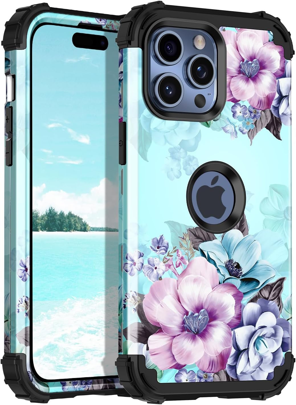 Casetego for Iphone 15 Pro Max Case,Two Layer Heavy Duty Sturdy Shockproof Full Body Rugged Hard Pc+Soft TPU Bumper Protective Girls Cover Case for Apple Iphone 15 Pro Max 6.7 Inch,Black  Casetego Blue Flower  