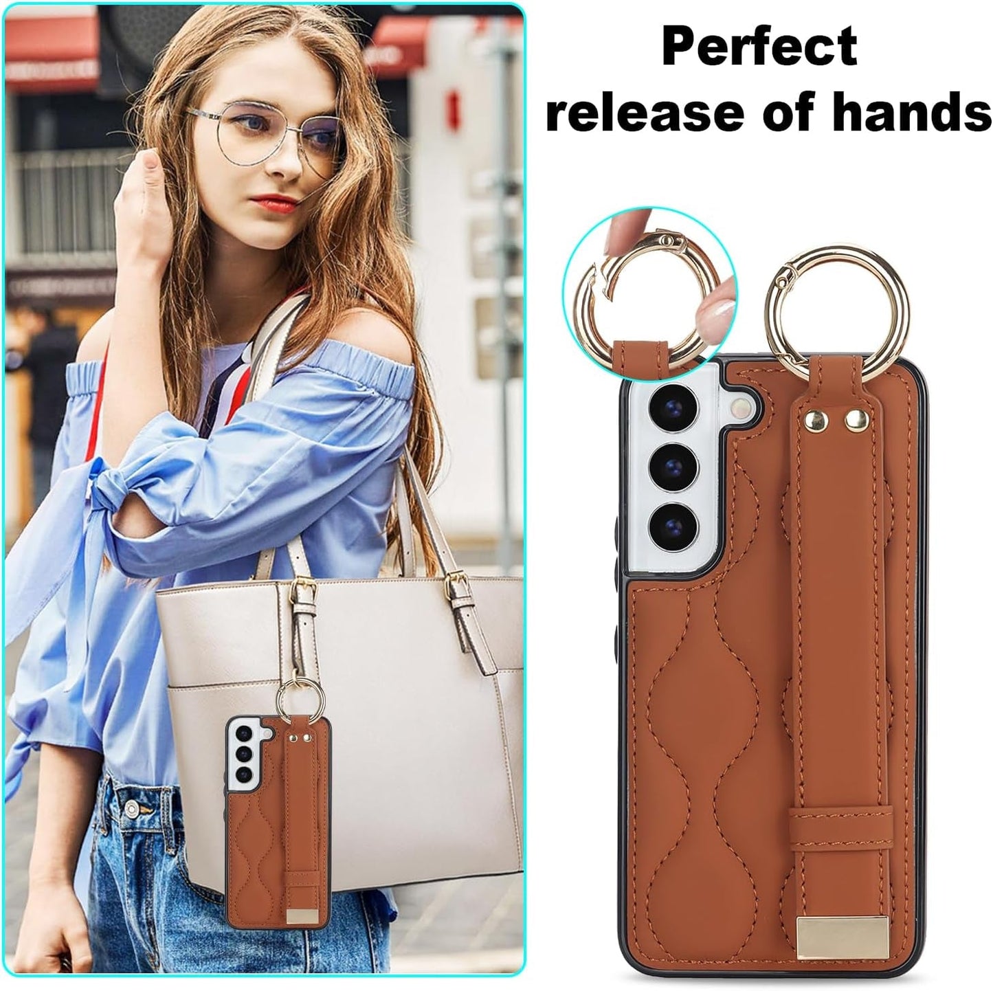 Asuwish Phone Case for Samsung Galaxy S22 plus S22+ 5G Cover with Screen Protector and Wrist Strap Kickstand Wristband Holder Ring Silicone Rubber Cell S22+5G S22Plus 22S + S 22 22+ Women Men Brown