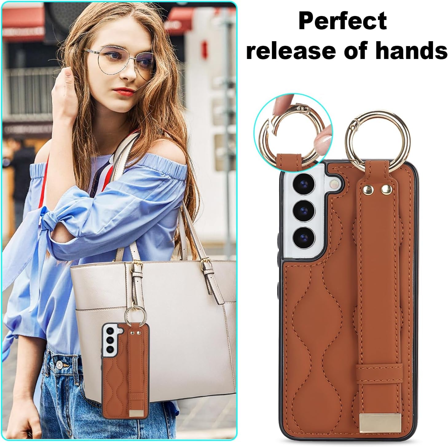 Asuwish Phone Case for Samsung Galaxy S22 plus S22+ 5G Cover with Screen Protector and Wrist Strap Kickstand Wristband Holder Ring Silicone Rubber Cell S22+5G S22Plus 22S + S 22 22+ Women Men Brown