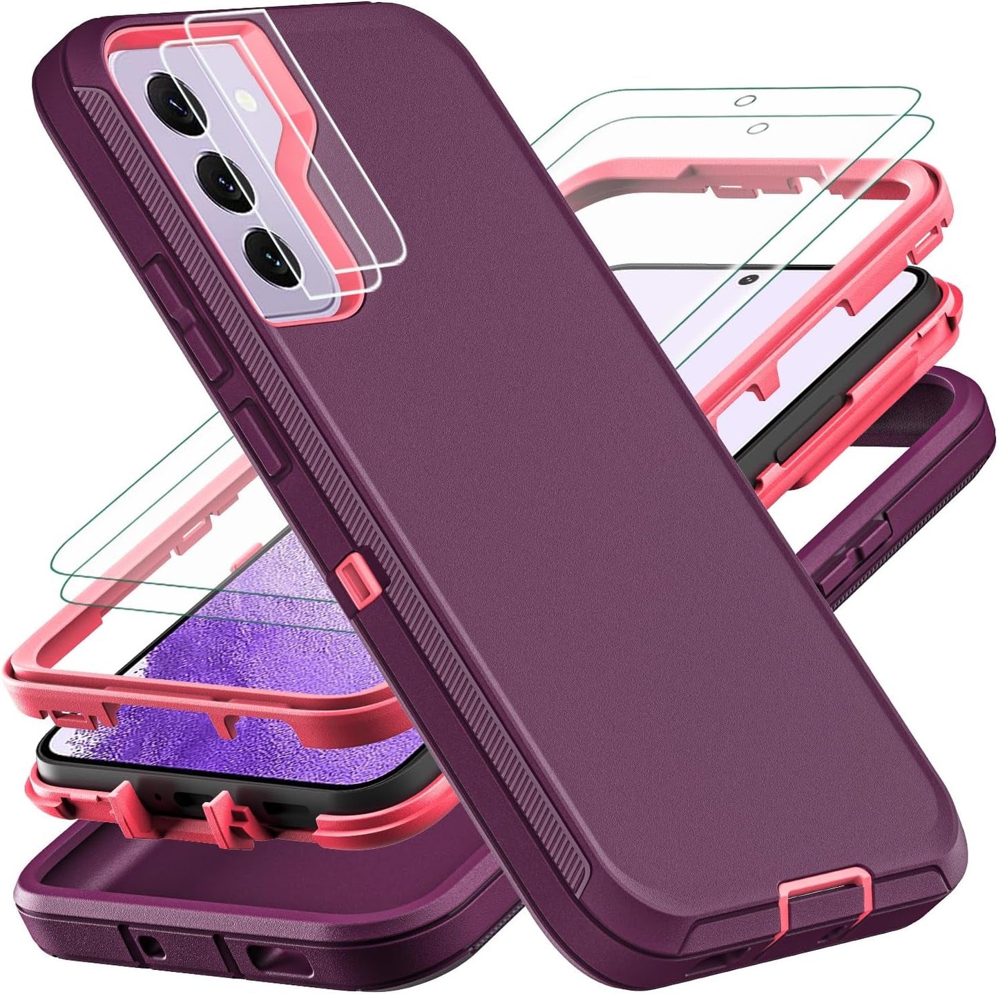 For Samsung Galaxy S22 Case, with 2Pcs [Self Healing Flexible TPU Screen Protector & Camera Lens Protector] Military Grade 3 in 1 Heavy Duty Case for Galaxy S22 5G 6.1 Inch (Purple/Pink)