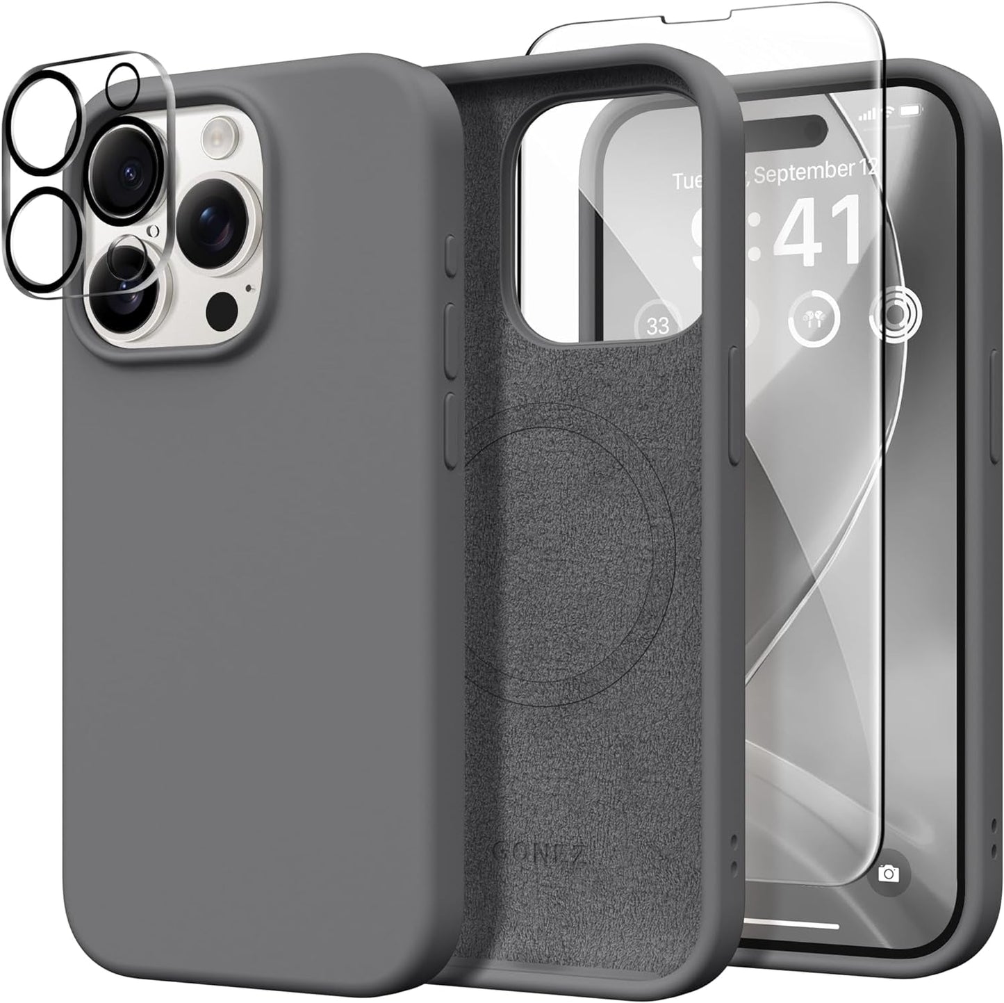 GONEZ for Iphone 15 Pro Case Compatible with Magsafe, [2X Screen Protector + 2X Camera Lens Protector], Soft Silicone Shockproof Anti-Scratch Full Body Protective Phone Case 6.1" 2023, Dark Grey  GONEZ Grey  