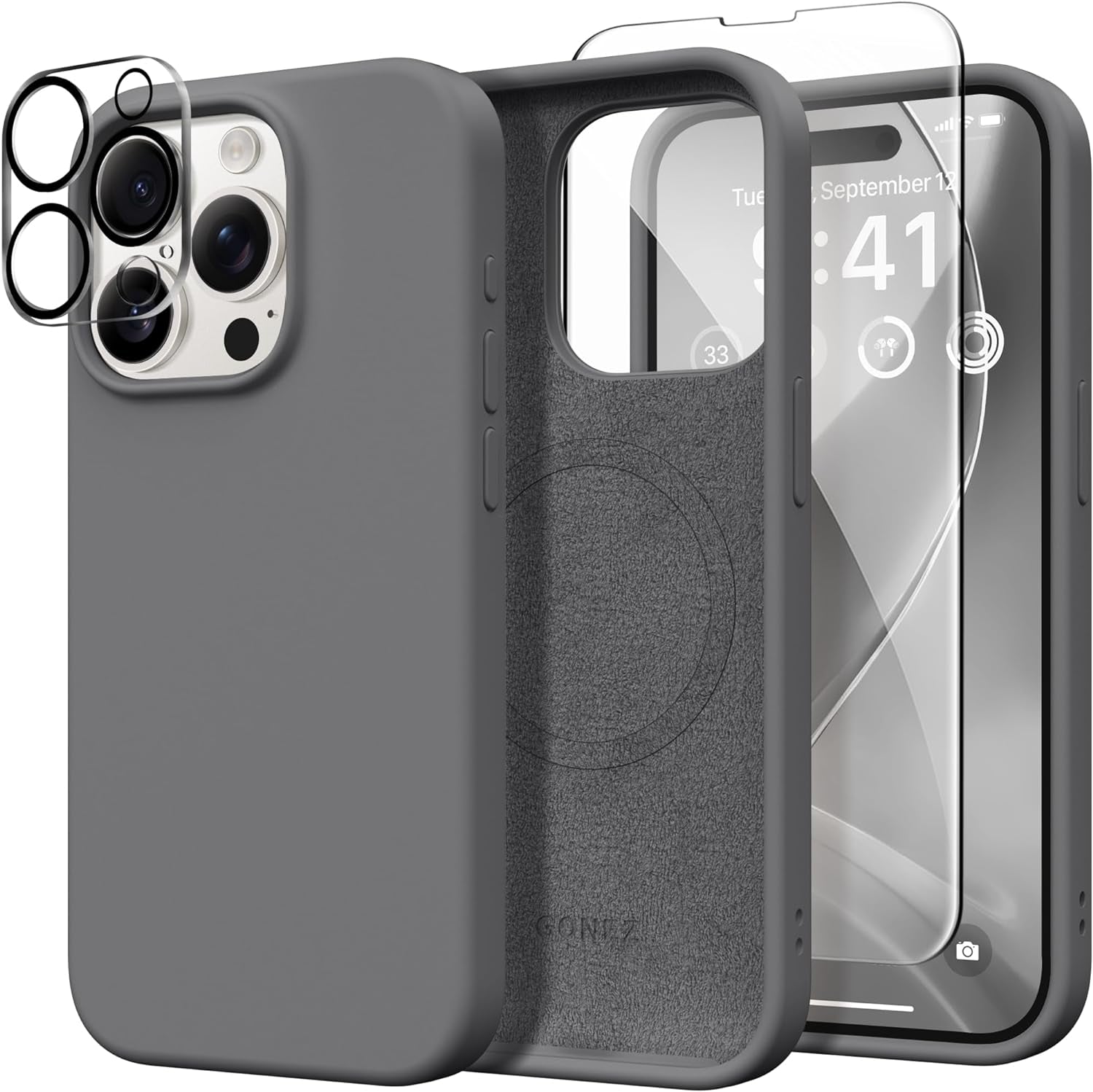 GONEZ for Iphone 15 Pro Case Compatible with Magsafe, [2X Screen Protector + 2X Camera Lens Protector], Soft Silicone Shockproof Anti-Scratch Full Body Protective Phone Case 6.1" 2023, Dark Grey  GONEZ Grey  