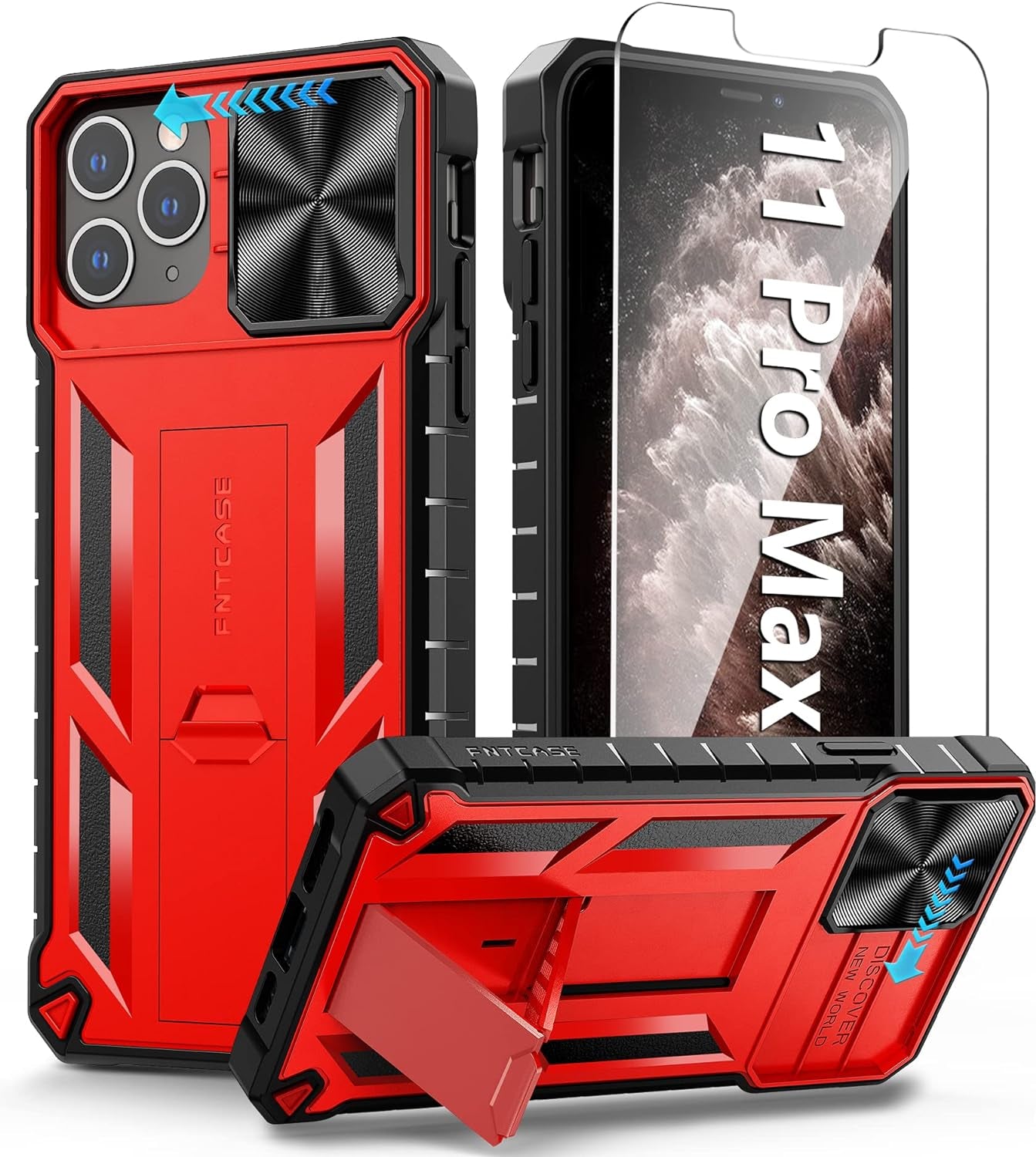 FNTCASE for Iphone 15 Pro Case: Military Grade Drop & Shock Protection Cell Phone Cover with Kickstand & Slide | Rugged Protective Bumper Textured | Heavy Duty Protector(Blue)  FNTCASE Red For Iphone 11 Pro Max (6.5 Inch) 