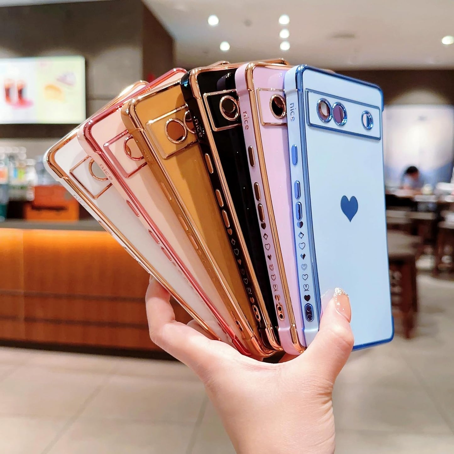 Phylla Compatible with Google Pixel 7A 6.1” 5G Phone Case Luxury Plating Cute Love Heart Side Small Pattern Case Full Camera Protection Soft Silicone Shockproof Bumper Cover (Blue)  PHYLLA   