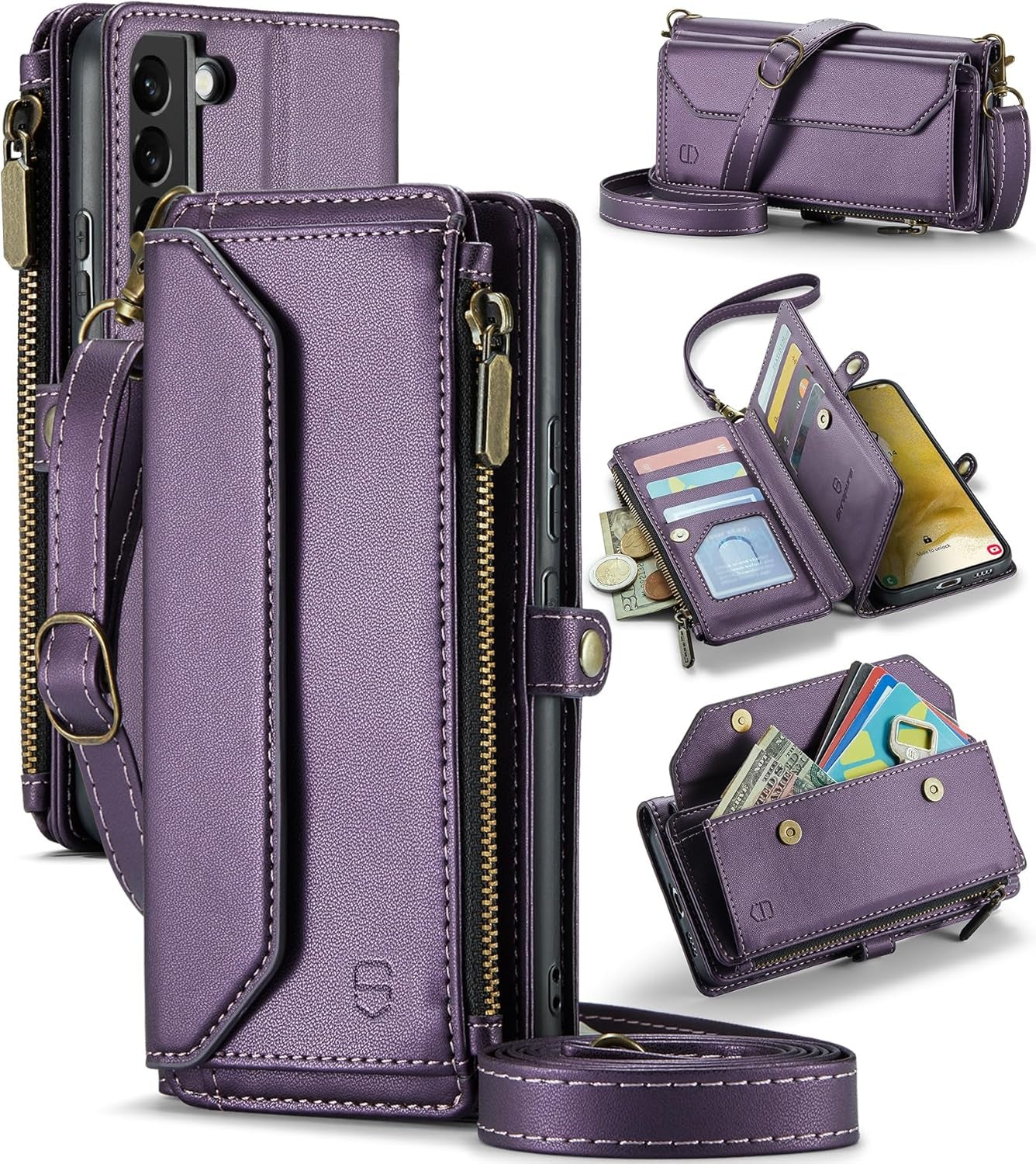 Crossbody for Samsung Galaxy S22 plus Case Wallet【Rfid Blocking】 with 10-Card Holder Zipper Bills Slot, PU Leather Magnetic Shoulder Strap for Galaxy S22 plus 5G Phone Case for Women,Black