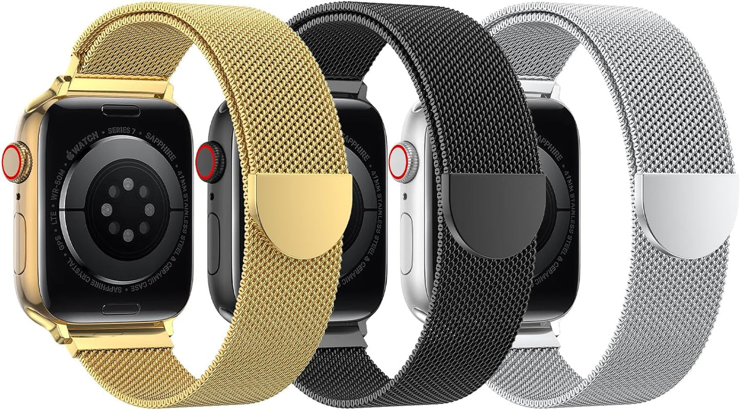 BELONGME 3 Pack Mesh Loop Compatible with Apple Watch Band 40Mm 41Mm 38Mm 42Mm 44Mm 45Mm 49Mm Series Ultra SE 9 8 7 6 5 4 3 2 1 Women Men, Stainless Steel Metal Strap Magnetic Clasp for Iwatch Bands