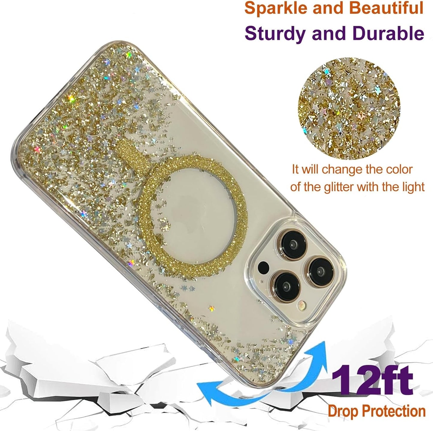 ASONCE Cute Glitter for Iphone 14 Pro Max Case [Compatible with Magsafe] Magnetic Cover with Bling Star for Women Girls [12FT Drop Protection] - Sparkly Gold  Hiwuton   