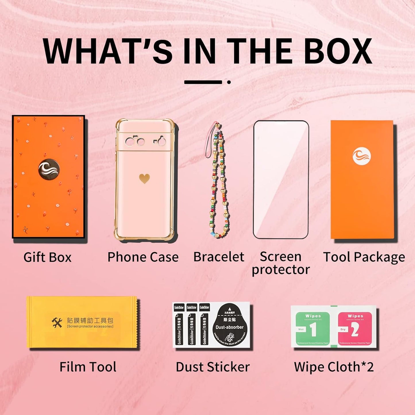 Shorogyt (3In1 Heart Case for Google Pixel 6 Case 5G 6.4 Inch Women Cute Aesthetic Love Hearts Pattern Girls Gold Luxury Girly Design Phone Cases Cover+Screen+Chain for Pixel 6 Case 5G 6.4''  qunxiner   