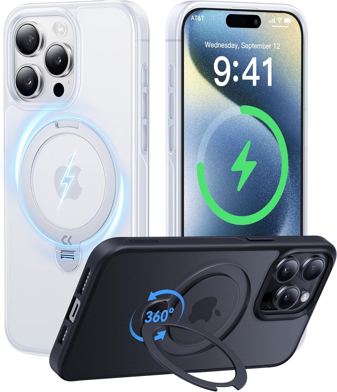 CASEKOO 2024 Upgraded 360° Rotatable Magnetic Ring Stand for Iphone 15 Pro Max Case [Military Drop Protection] [Compatible with Magsafe] Matte Translucent Slim Iphone 15 Promax Case 6.7'', Black  CASEKOO   