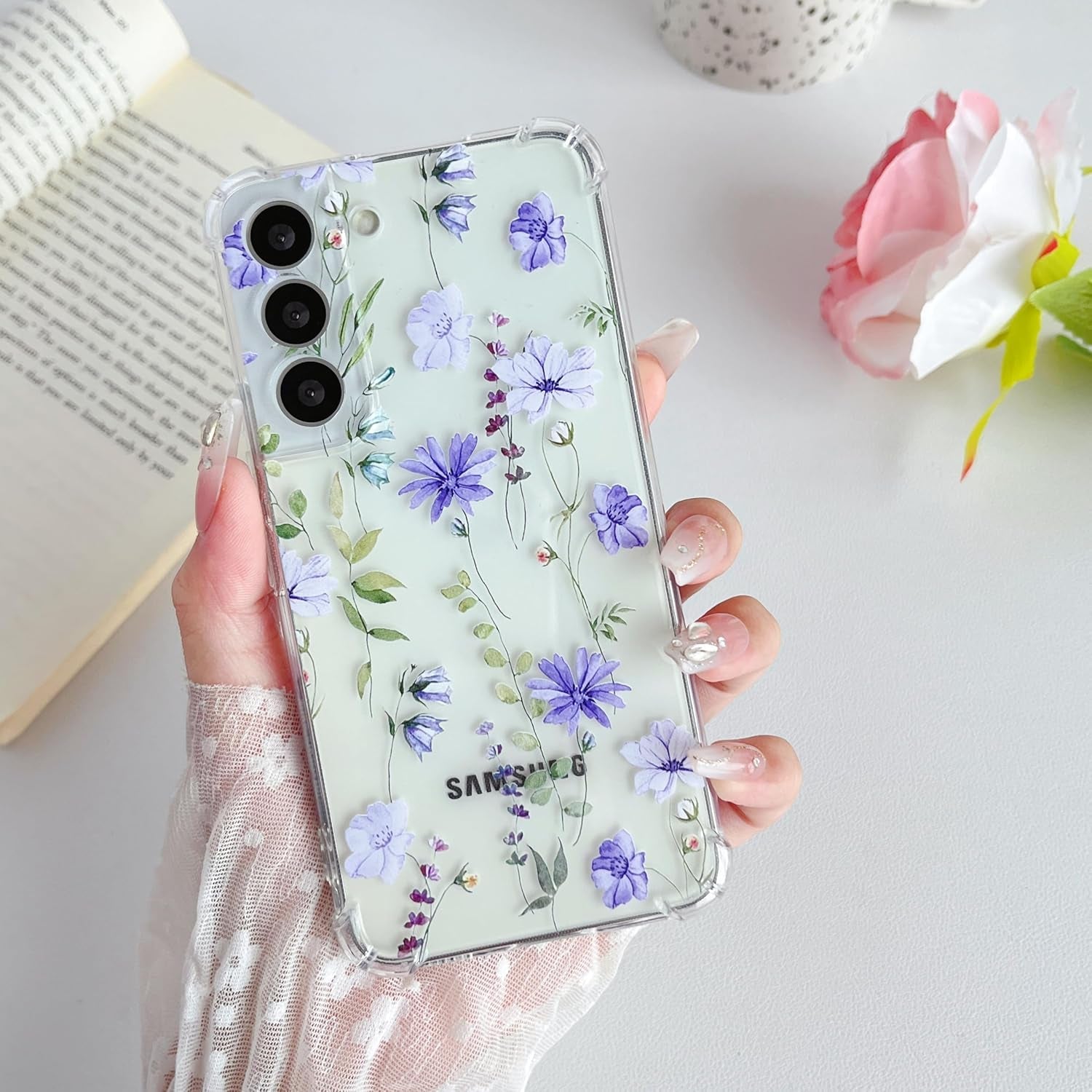 DEFBSC Soft Case Compatible with Samsung Galaxy S22, Clear Floral Flower Pattern Print Design Flexible TPU Shockproof Cover for Women Girls,Flower Protective Phone Case, Purple Peony