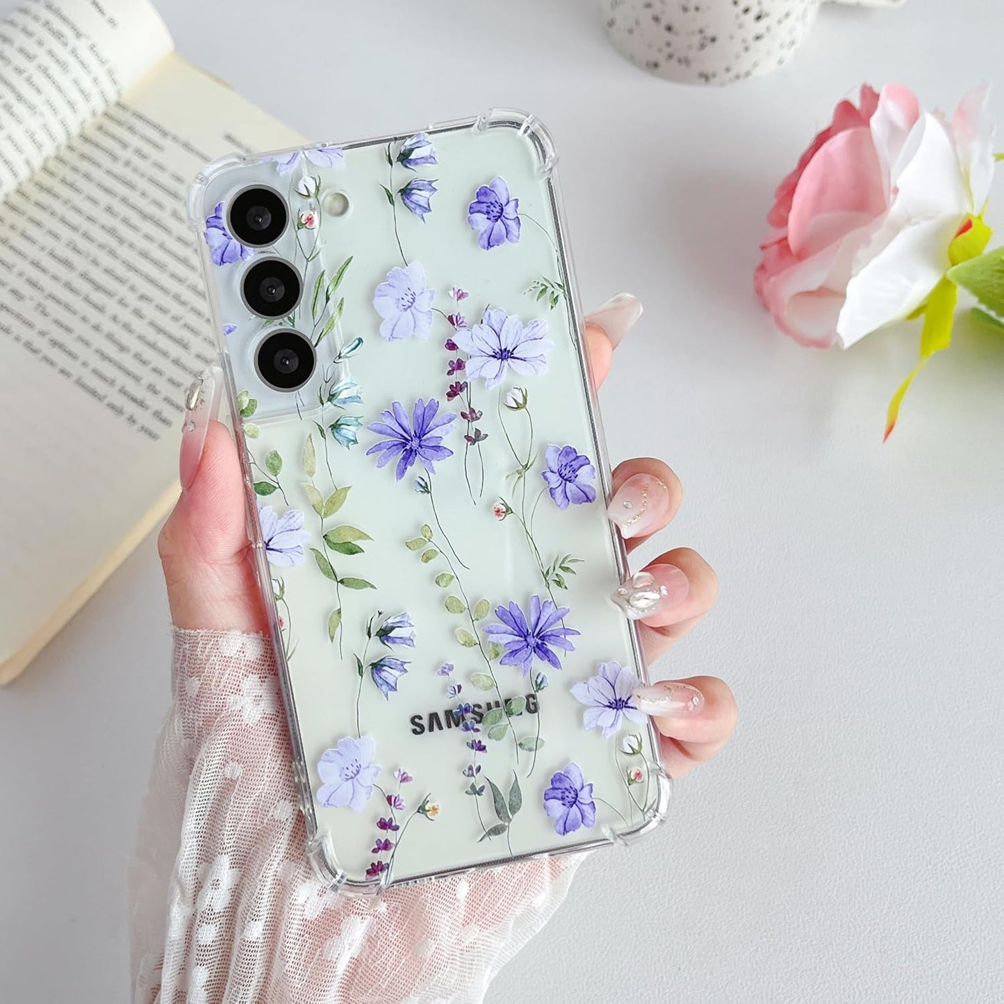 DEFBSC Soft Case Compatible with Samsung Galaxy S22 Plus, Clear Floral Flower Pattern Print Design Flexible TPU Shockproof Cover for Women Girls,Flower Protective Phone Case, Purple Peony