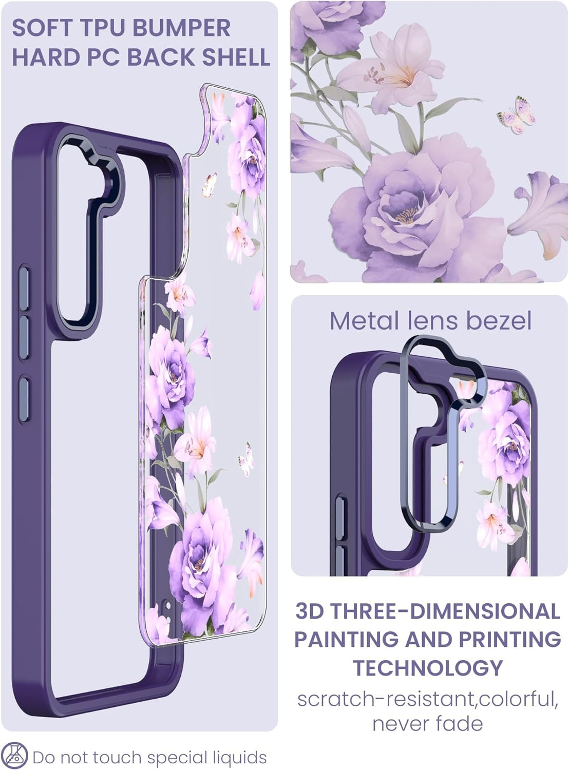 Dretal for Samsung Galaxy S22 5G Case Floral, Military Grade Drop Tested Hard Back & Soft Edge Slim Flower Women Girls Phone Protective Cover + Tempered Glass Screen Protector (Deep Purple)