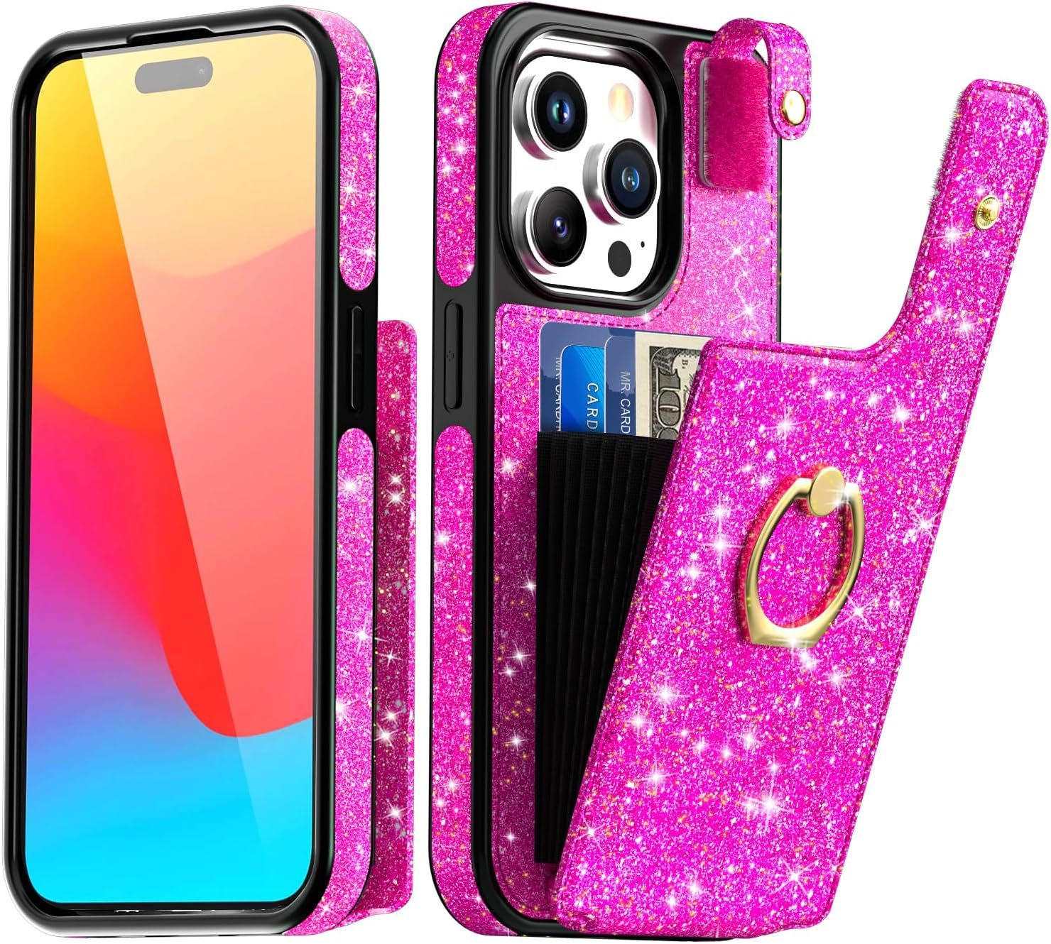 Aicase Card Holder Case Compatible with Iphone 15 Pro Max, Wallet Phone Case Glitter Sparkly Protective Cover for Women with Ring Kickstand and 8 Credit Card Slots, Rose Gold  AICase   