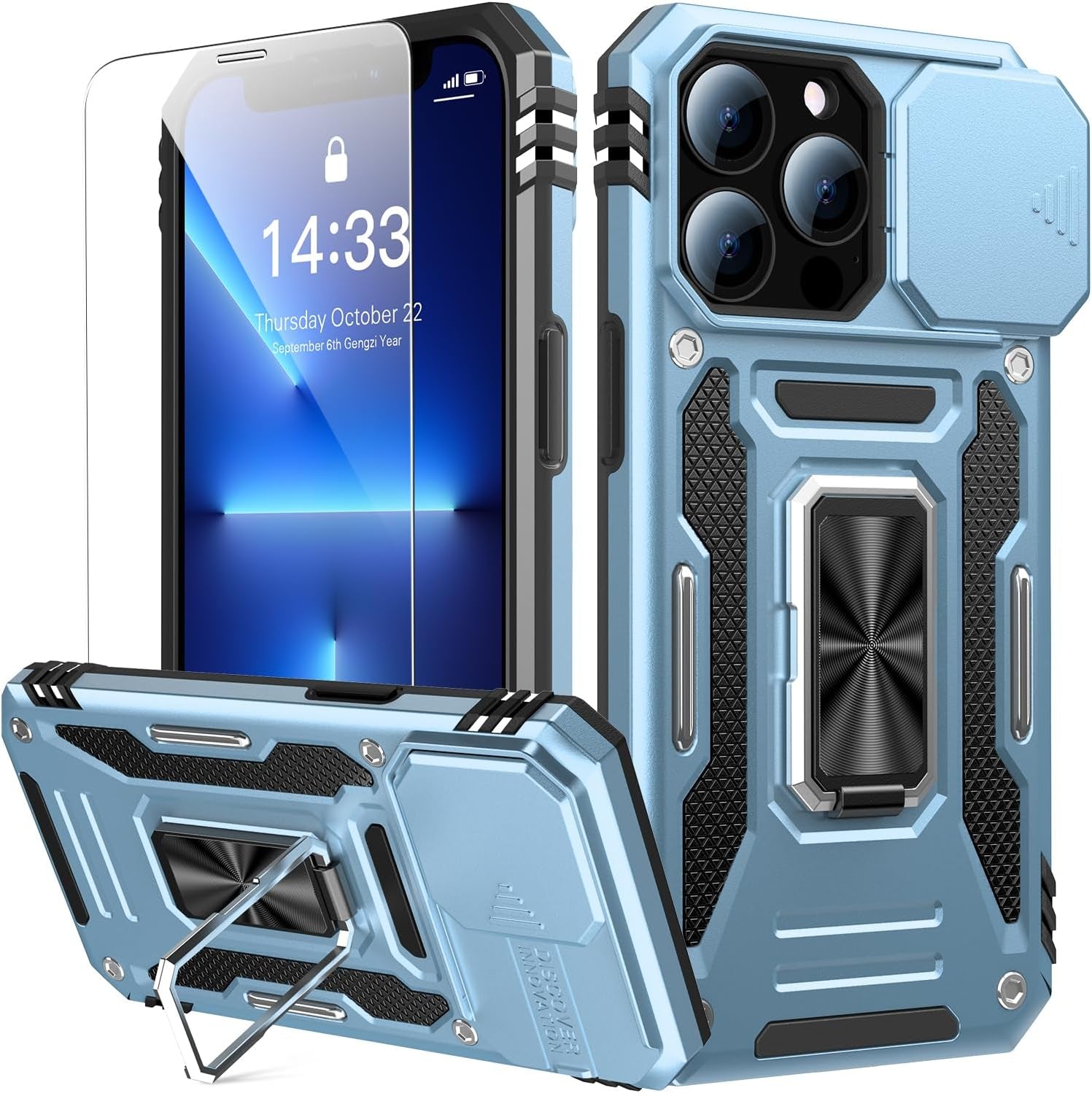 Goodon for Iphone 14 Pro Max Case with Slide Camera Cover + Screen Protector, Built in Rotated Ring Magnetic Kickstand Military Grade Shockproof Protective Phone Case 6.7" Pale - Green  Goodon Light Blue Iphone 14 Pro Max 6.7" 