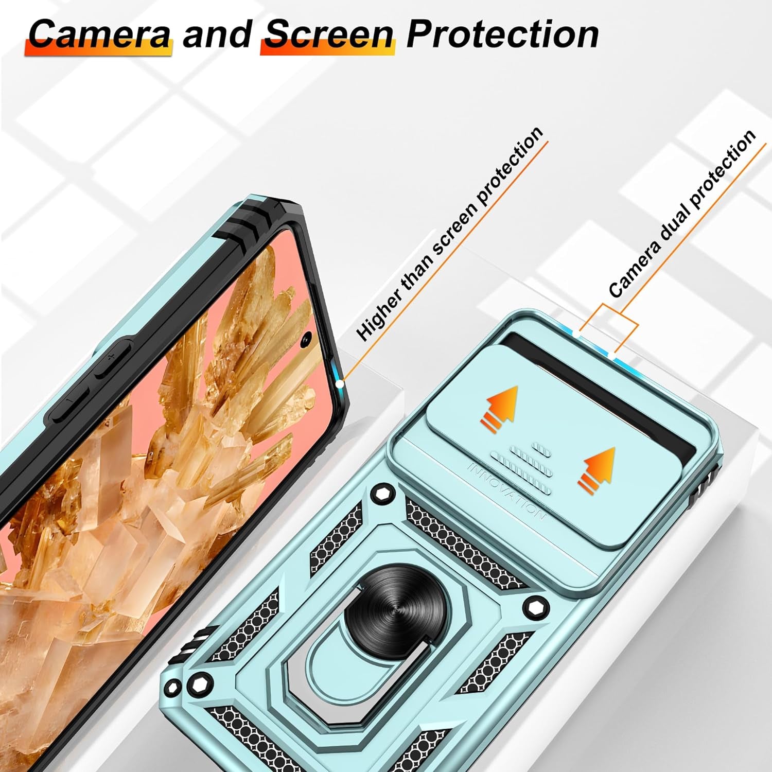 Fit for Google Pixel 8 5G Case with Screen Protector (2 Pack) & Slide Camera Cover, Build in 360° Magnetic Rotating Ring Kickstand [Military Grade] Protective Case for Pixel 8 Case, Green  Gritup   