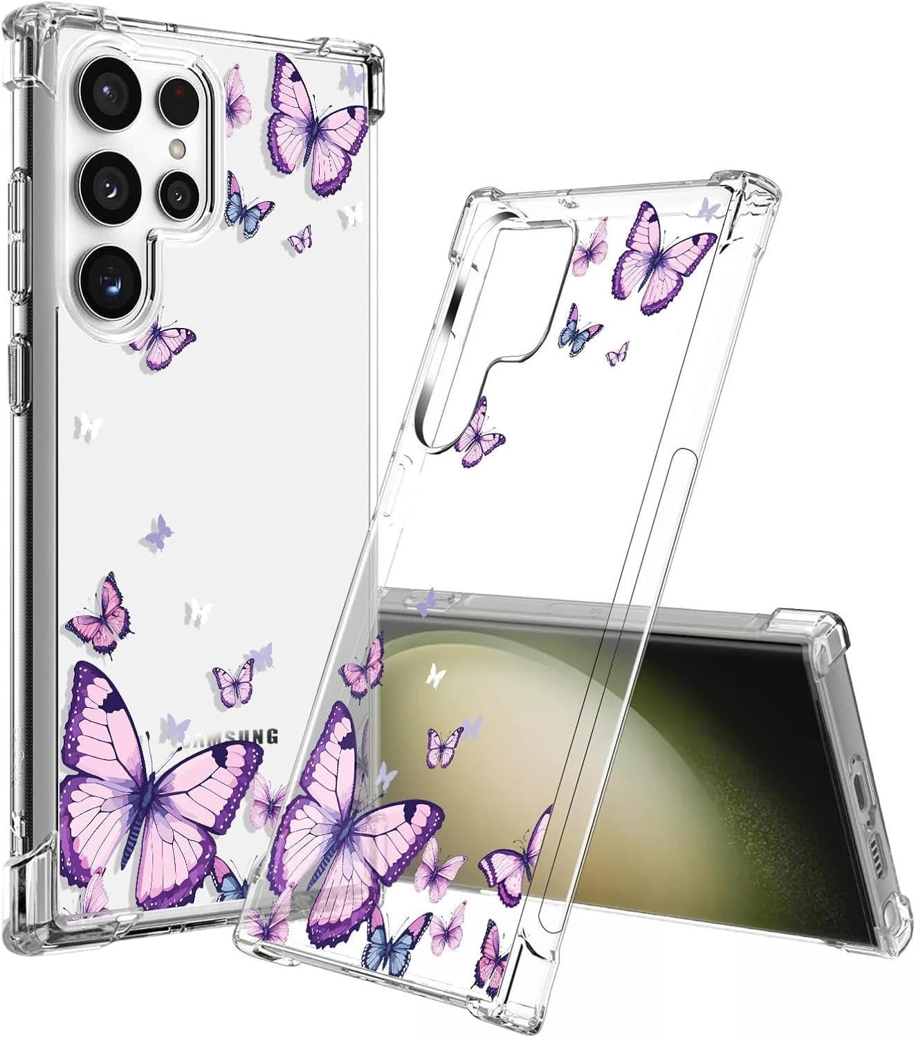 For Samsung Galaxy S22 Ultra Case,Alluring Purple Butterfly Pattern anti Yellowing Slim Hard Cases,Hard PC + TPU Bumper Clear Shockproof Protective Women Phone Cover - Purple