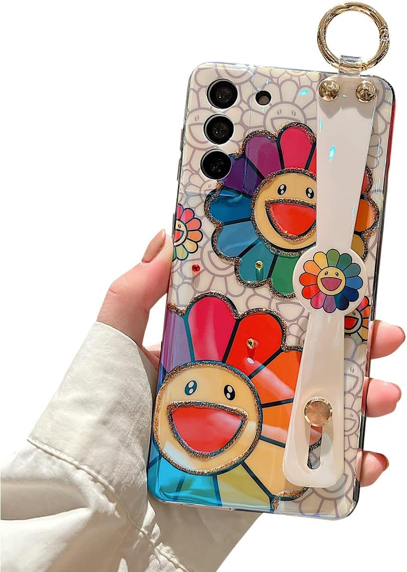 For Samsung Galaxy S22 plus Case Cute with Wrist Strap Kickstand Case 6.6" 5G Glitter Bling Cartoon IMD Soft TPU Shockproof Protective Phone Cases Cover for Girls and Women - Sunflower