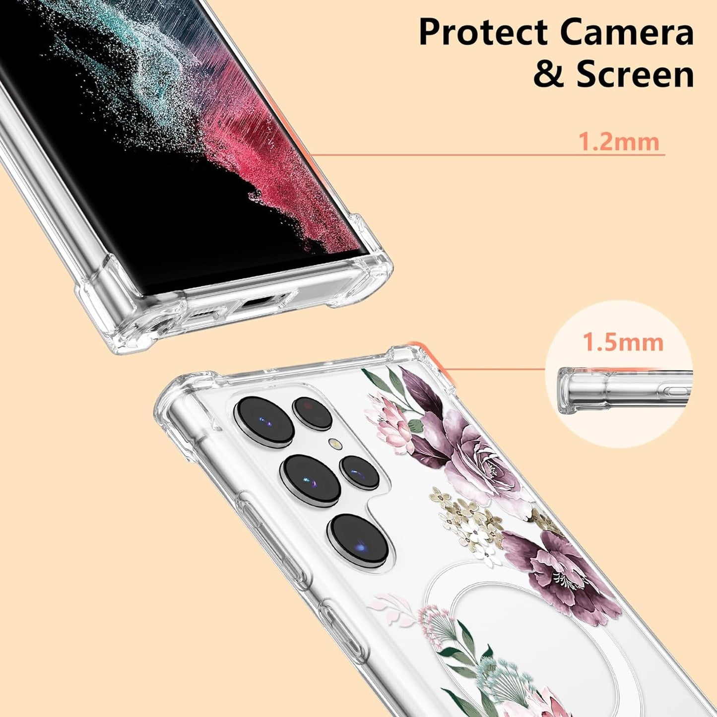 DEFBSC Magnetic Case for Samsung Galaxy S22 Ultra [Work with Magsafe] Clear Floral Flower Pattern Print Design Flexible Acrylic Shockproof Cover Flower Protective Phone Case, Purple Peony
