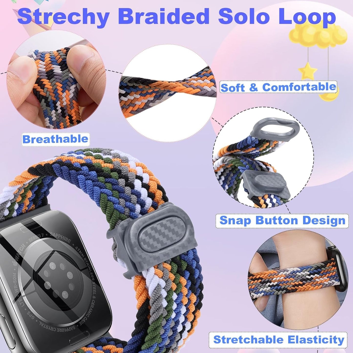 Braided Band for Kids Apple-Watch Band - 3 Pack Nylon Elastic Adjustable Replacement Bands for Iwatch Ultra Series 9 8 7 6 5 4 3 SE SE2 38Mm 40Mm 41Mm 42Mm 44Mm 45Mm 49Mm for Teen Girls Boys Wrist