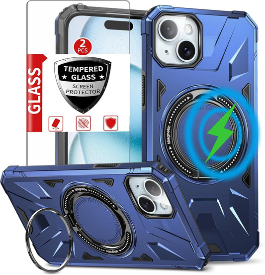 For Magnetic Iphone 15 plus Case Compatible with Magsafe Iphone 15 plus Case with 2 Screen Protector Iphone 15 plus Case with Magnetic Stand Ring Iphone 15Plus Case Shockproof Protection Black