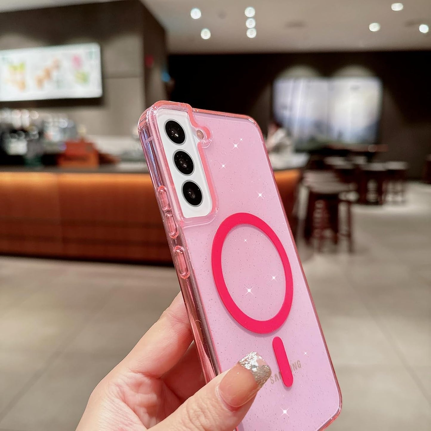 For Samsung Galaxy S22 plus Case Magnetic, Compatible with Magsafe, Clear Glitter Bling Sparkly Case for Women Anti-Yellowing Protective Hard Back Cover for Galaxy S22 plus 6.6" (Clear)