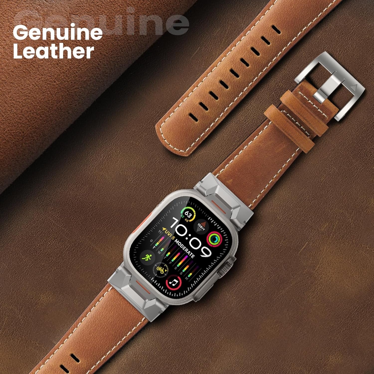 Genuine Leather Band Compatible with Apple Watch Ultra 2/Ultra Band 49Mm 45Mm 44Mm 42Mm for Men Women, Rugged Strap with Stainless Steel Connectors for Iwatch Ultra Series SE 9 8 7 6 5 4 3