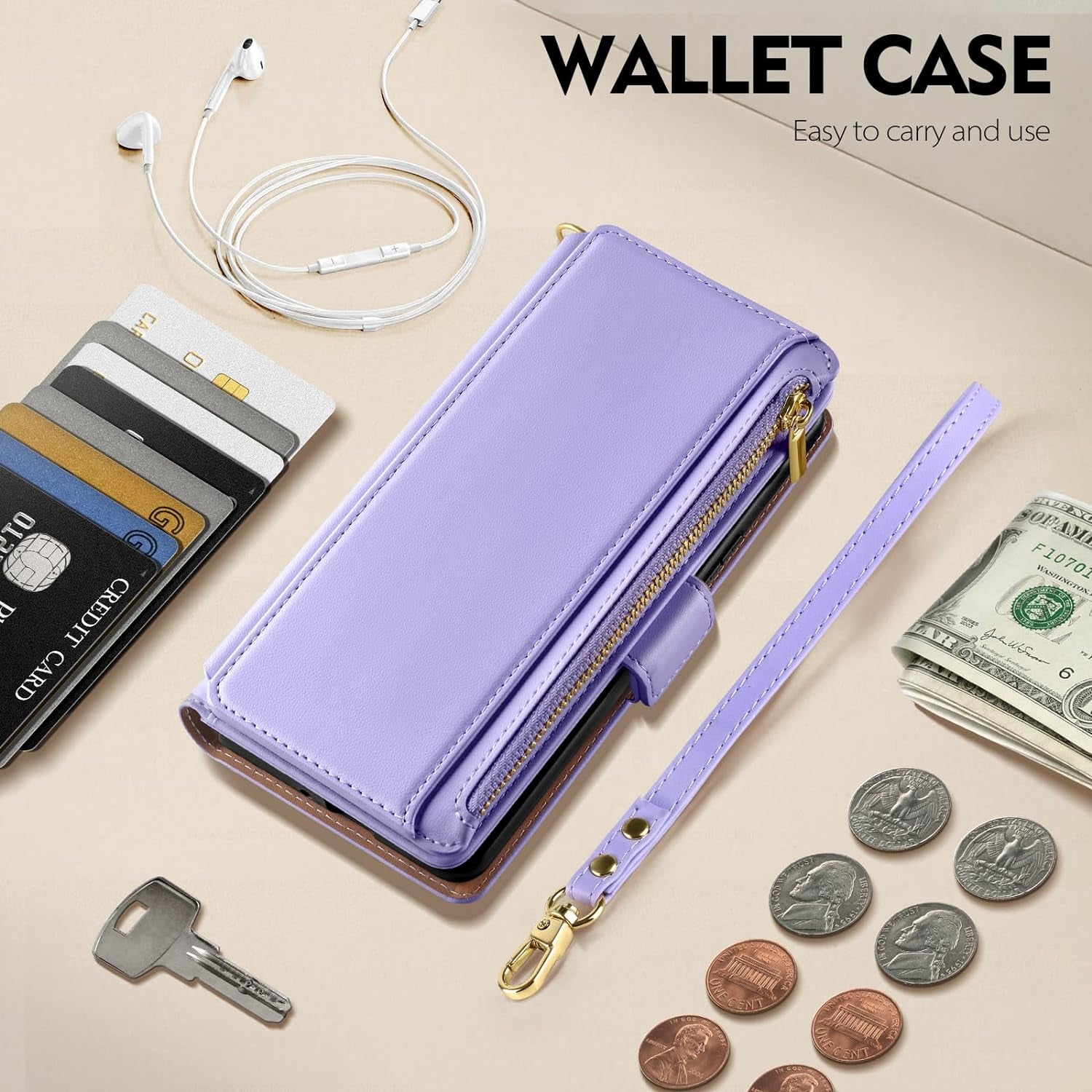 Antsturdy Samsung Galaxy S22+/S22 plus Case Wallet with Card Holder for Women Men,Galaxy S22+/S22 plus Phone Case RFID Blocking PU Leather Flip Cover with Strap Zipper Credit Card Slots,Light Purple
