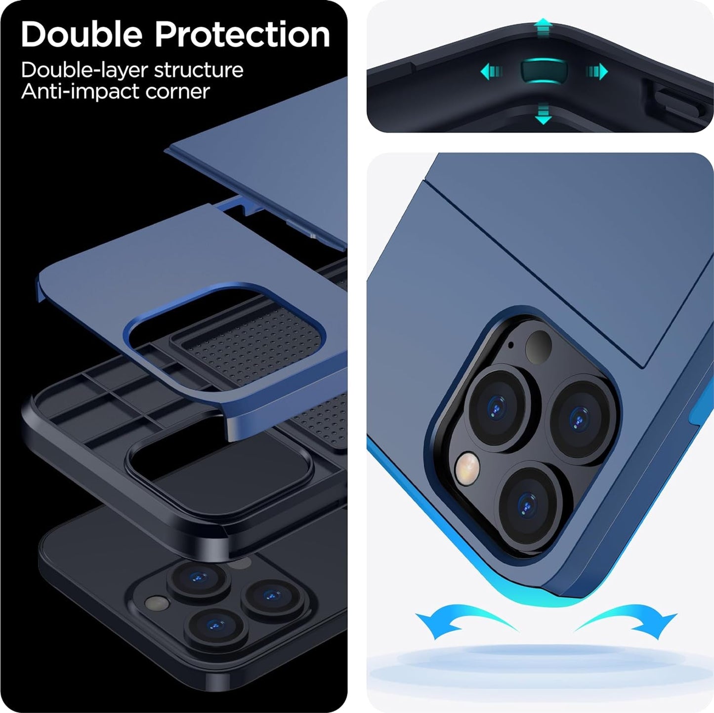 Harusaki 𝟐𝟎𝟐𝟒 𝗡𝗘𝗪 Iphone 15 Pro Case with Card Holder - Wireless Charging Compatible Iphone 15 Pro Wallet Case with Hidden Card Slot for Men and Women (Blue)  harusaki   