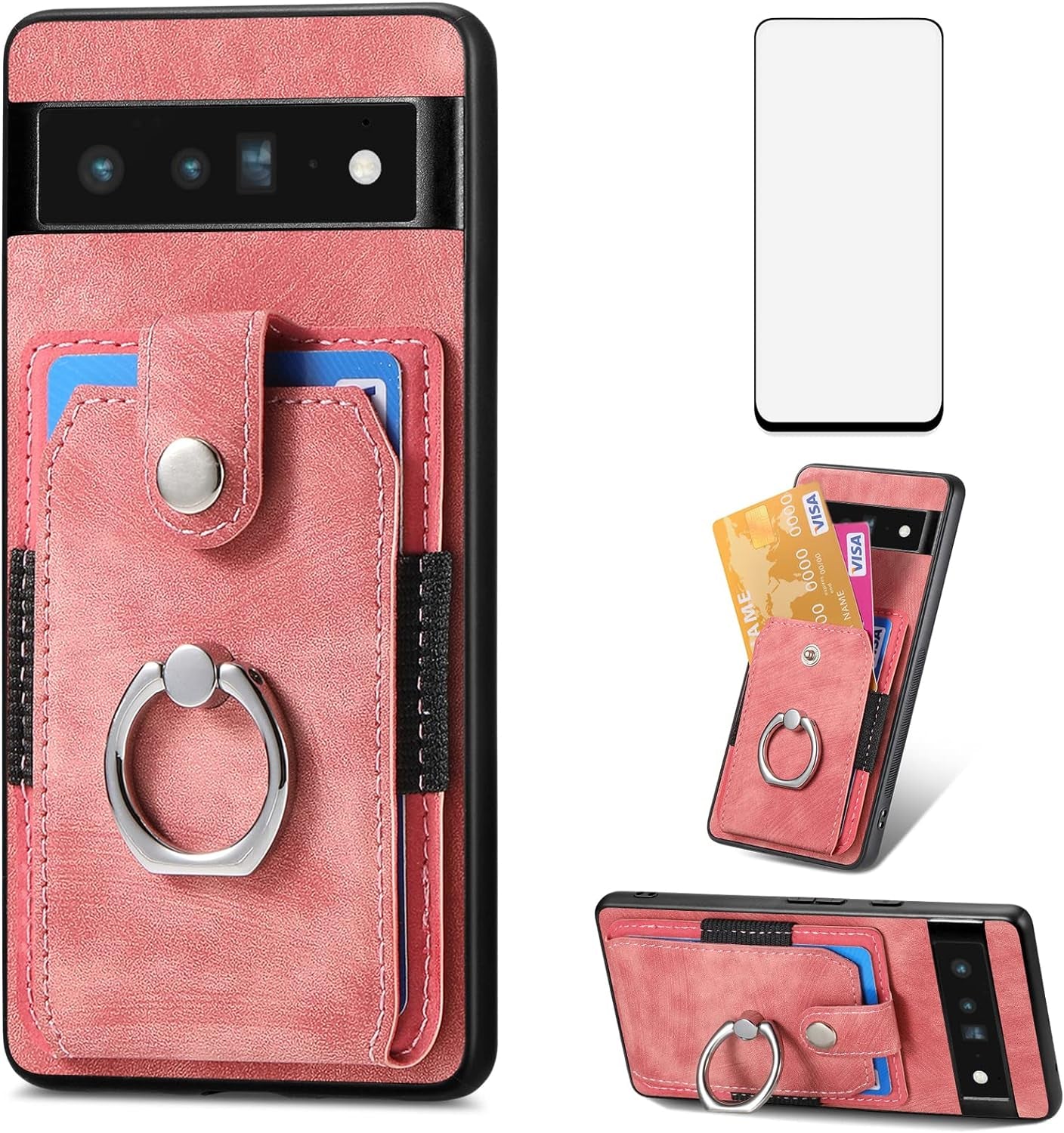 Asuwish Phone Case for Google Pixel 6 Pro Wallet Cover with Tempered Glass Screen Protector and Slim Ring Stand Credit Card Holder Leather Cell Pixel6Pro Pixel6 XL 6XL Pixle 6Pro 5G Women Men Black  Asuwish Pink For Pixel 6 Pro 