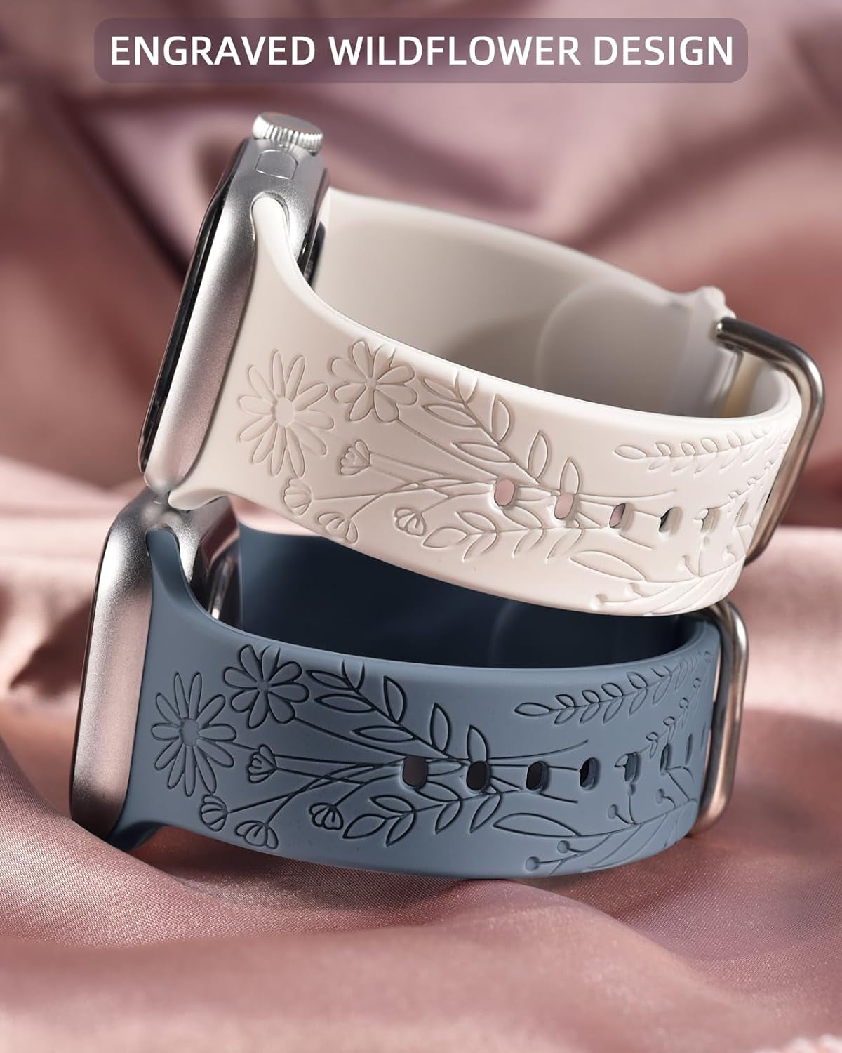 3 Pack Wildflower Engraved Bands Compatible with Apple Watch Band 40Mm 38Mm 41Mm 44Mm 42Mm 45Mm 49Mm Women, Floral Soft Silicone Sport Strap for Iwatch Bands Series SE 9 8 7 6 5 4 3 2 1 Ultra