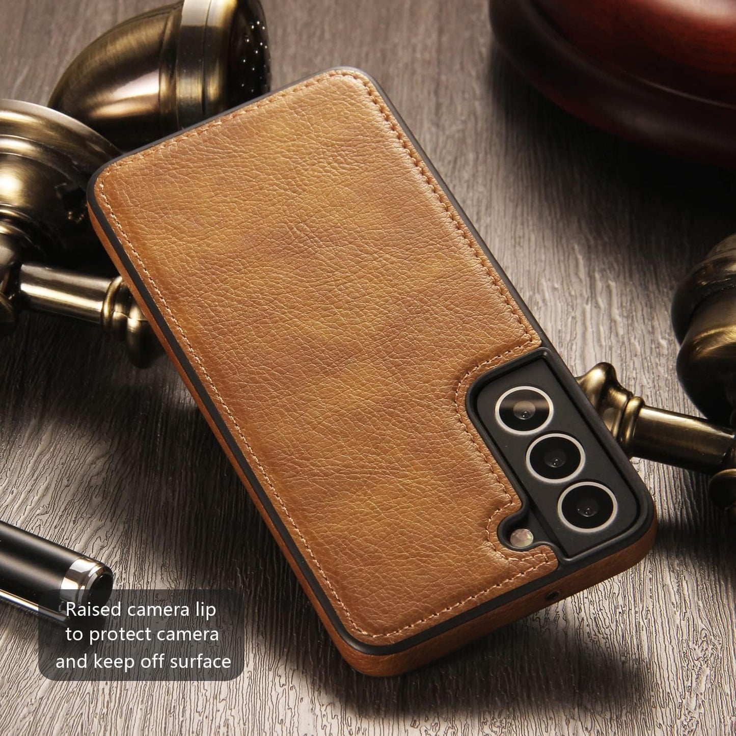 Design Compatible with Samsung Galaxy S22 5G Case Luxury Leather Business Slim Non-Slip Soft Grip Shockproof Protective Cover 2022 6.06 Inch (Brown)