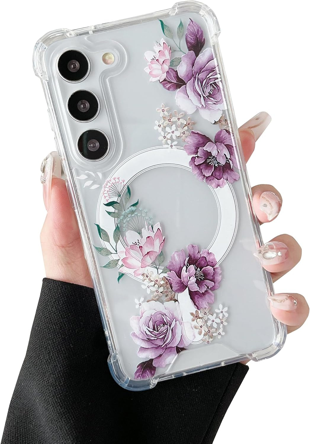 DEFBSC Magnetic Case for Samsung Galaxy S22 Ultra [Work with Magsafe] Clear Floral Flower Pattern Print Design Flexible Acrylic Shockproof Cover Flower Protective Phone Case, Purple Peony