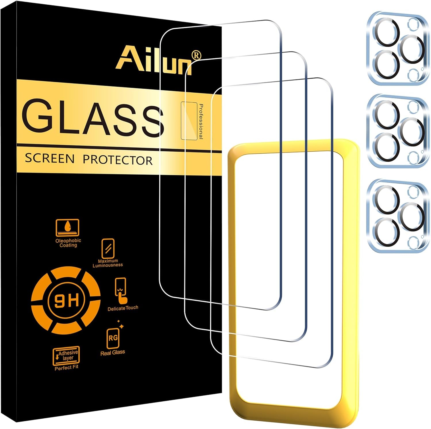 Ailun 3 Pack Screen Protector for Iphone 15 Pro Max [6.7 Inch] + 3 Pack Camera Lens Protector with Installation Frame,Sensor Protection,Dynamic Island Compatible,Case Friendly Tempered Glass Film  Ailun   