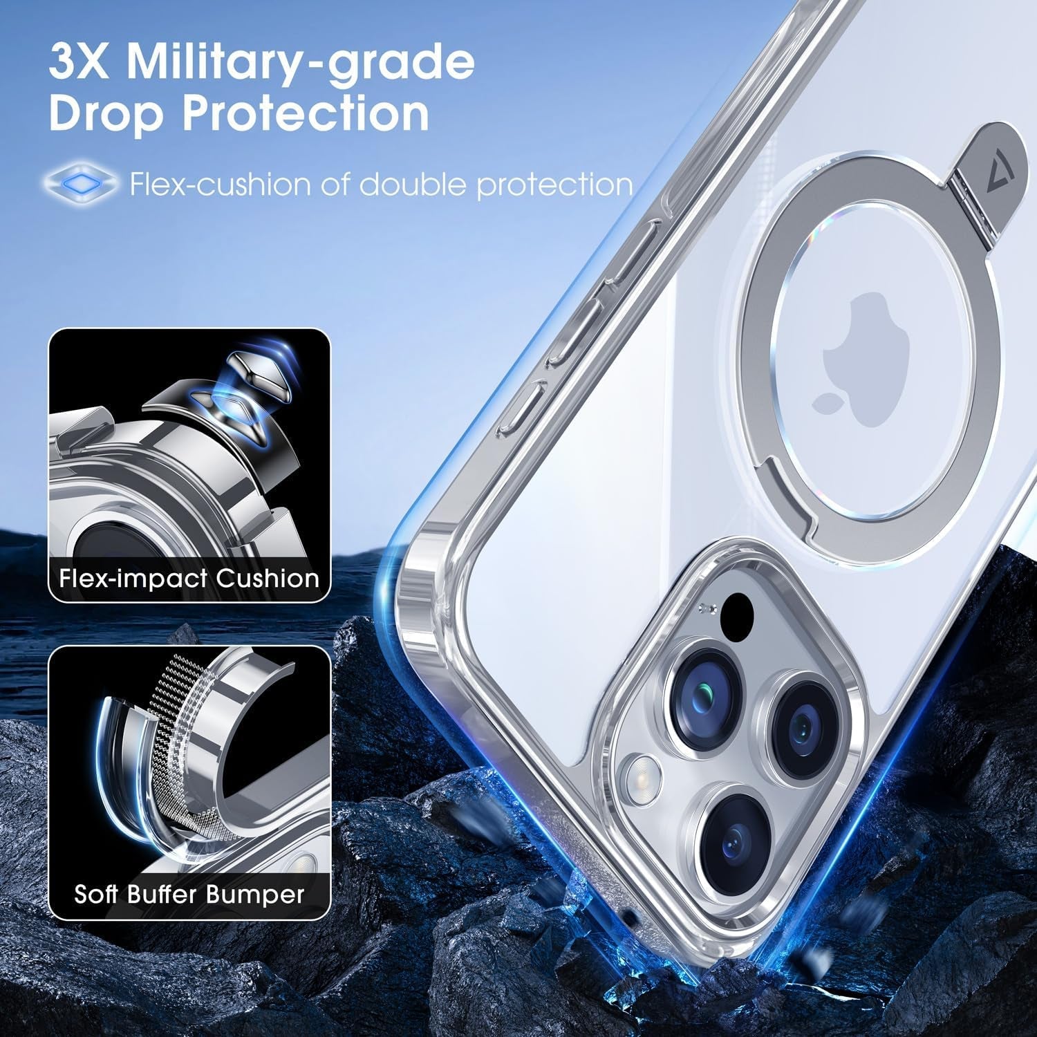 Alphex Titanium Stand for Magsafe Iphone 15 Pro Max Case, Polished Titanium Match for Iphone, 12FT Military Drop Protection, Shockproof Phone Ring Slim Cover 6.7 Inch, Silver Titanium  Alphex   
