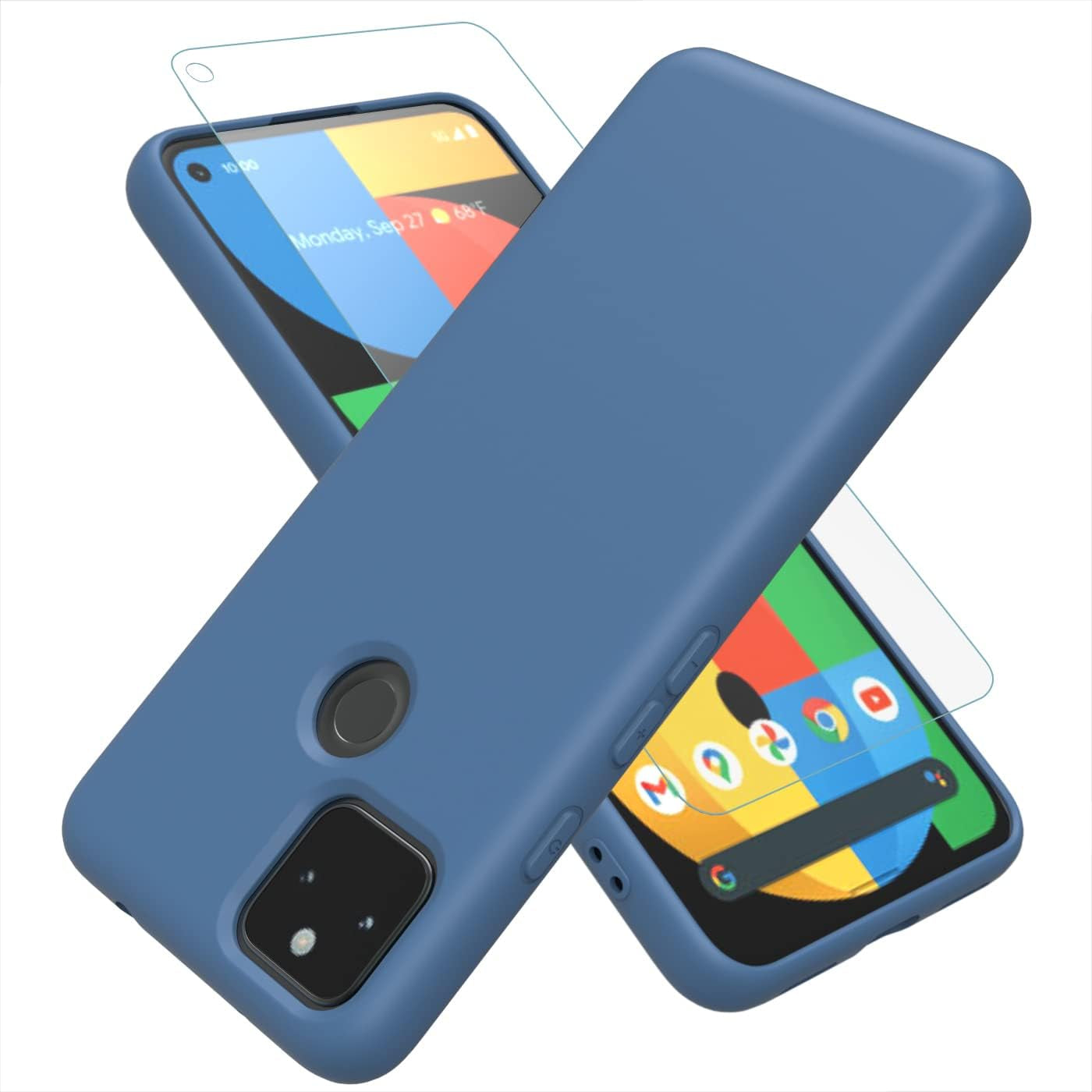 Weycolor for Google Pixel 5A 5G Case with Tempered Glass Screen Protector [2 Pack] ，Liquid Silicone Slim Soft TPU Fit Drop Protection Phone Case for Google Pixel 5A (Dark Green)  Weycolor Blue  