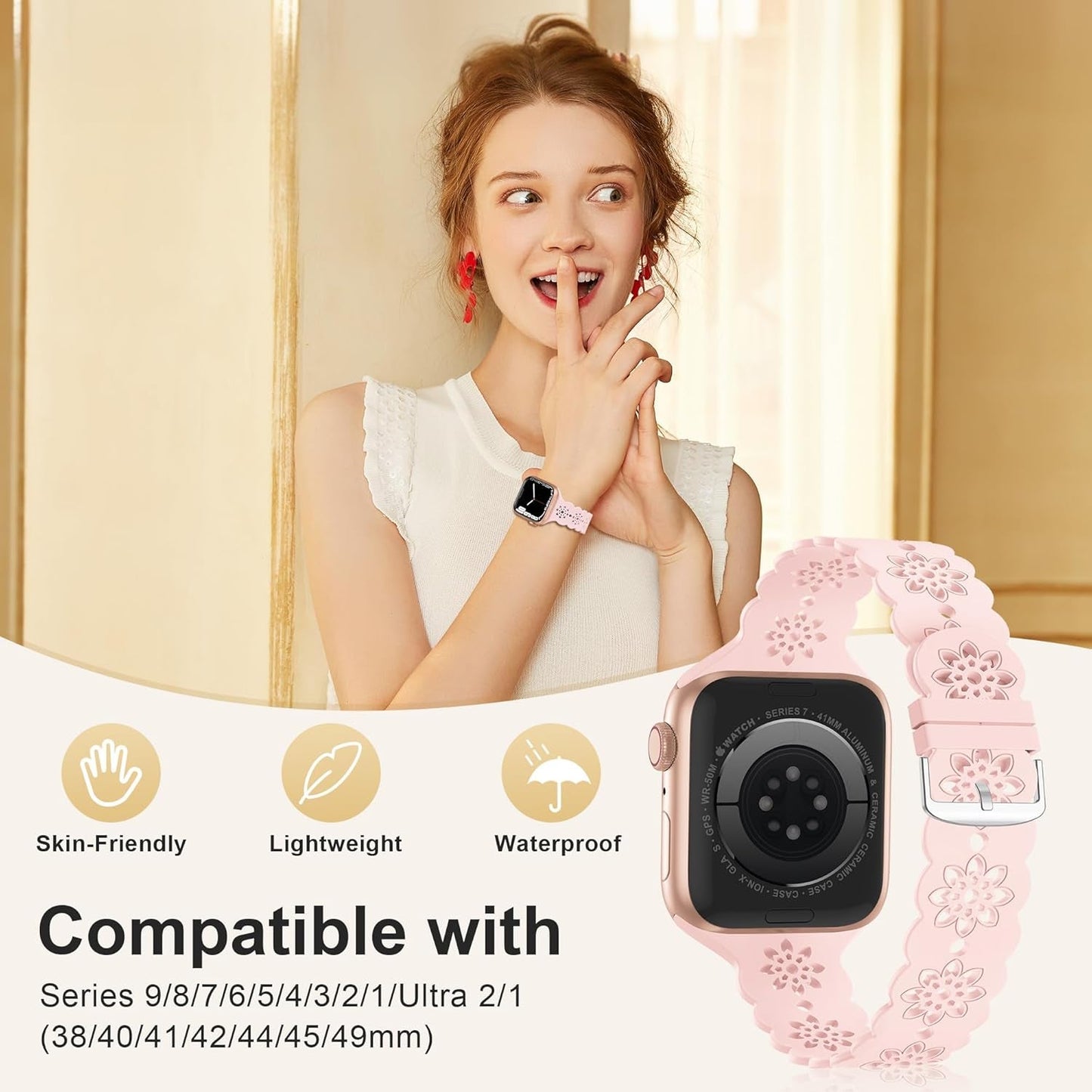 4 Pack Slim Silicone Bands Compatible with Apple Watch Band 40Mm 38Mm 41Mm 44Mm 45Mm 42Mm 49Mm Women Men, Lace Breathable Sport Strap for Iwatch Bands SE Series 9/8/7/6/5/4/3/2/1 Ultra 2/1