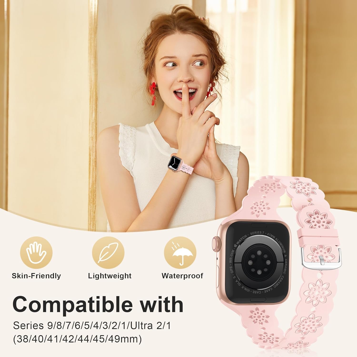 4 Pack Slim Silicone Bands Compatible with Apple Watch Band 40Mm 38Mm 41Mm 44Mm 45Mm 42Mm 49Mm Women Men, Lace Breathable Sport Strap for Iwatch Bands SE Series 9/8/7/6/5/4/3/2/1 Ultra 2/1