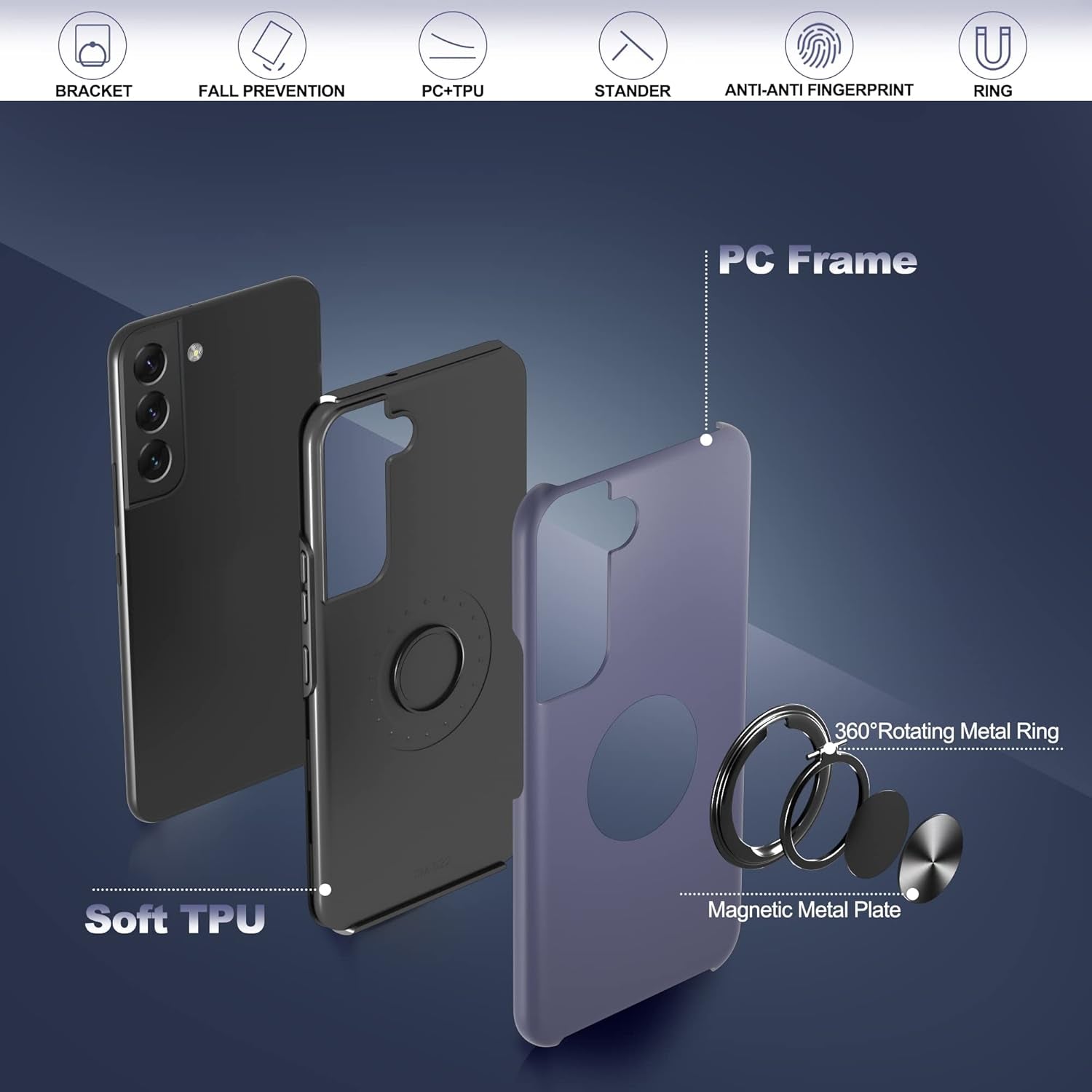 Gritup Galaxy S22 Case, Samsung Galaxy S22 Case with HD Screen Protector, [Military Grade] Shockproof Protection Case with 360° Magnetic Ring Holder Kickstand Phone Case for Samsung S22, Blue