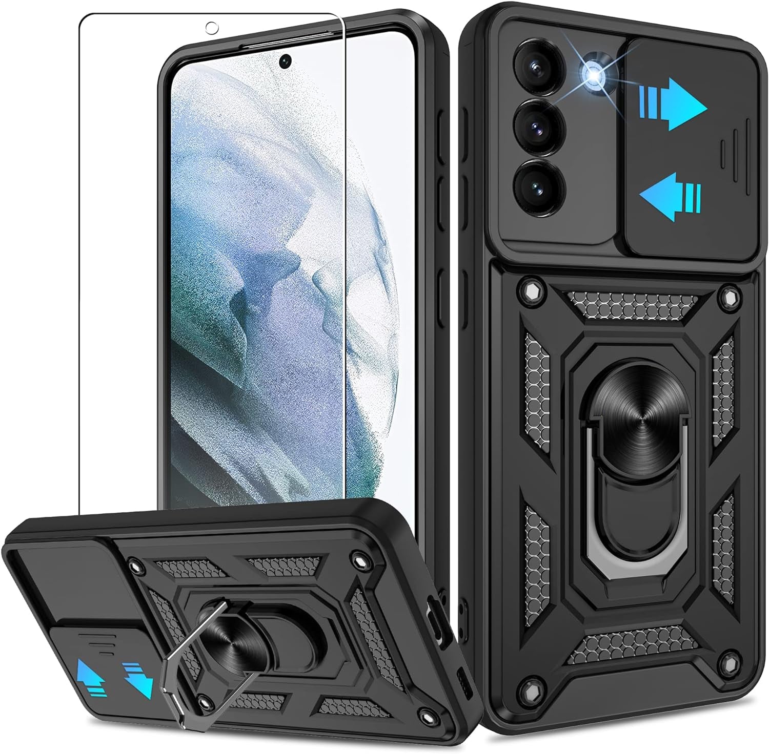 ATUMP for Samsung Galaxy S22 Ultra Case with (2 Pcs) HD Screen Protector, Heavy Duty Shockproof with 360° Rotation Metal Kickstand [Military Grade] Protective Case for S22 Ultra, Blue