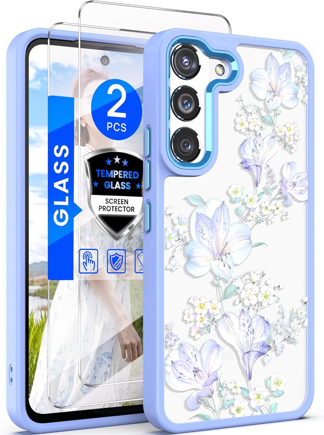 Dretal for Samsung Galaxy S22 5G Case Floral, Military Grade Drop Tested Hard Back & Soft Edge Slim Flower Women Girls Phone Protective Cover + Tempered Glass Screen Protector (Deep Purple)