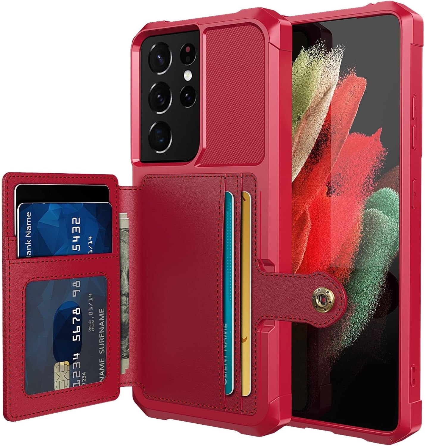 For Samsung Galaxy S22 Ultra Case with Card Holder, Compatible with Magnetic Car Mount, Heavy Duty Shockproof Rugged Soft TPU Back Leather Flip Wallet Cover 6.8 Inch, Red