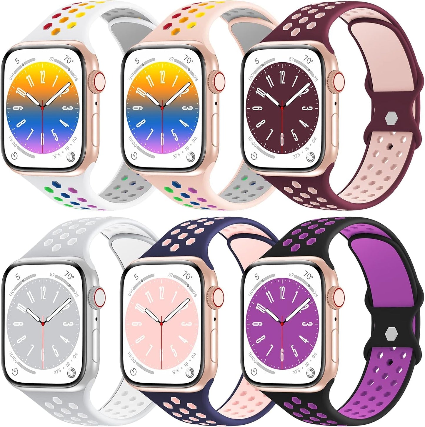 Aopigavi 6 Pack Breathable Sport Bands Compatible with Apple Watch Band 38Mm 40Mm 41Mm 42Mm 44Mm 45Mm 49Mm for Women Men, Soft Silicone Strap Wristband for Iwatch SE Series Ultra 9/8/7/6/5/4/3/2/1 Band