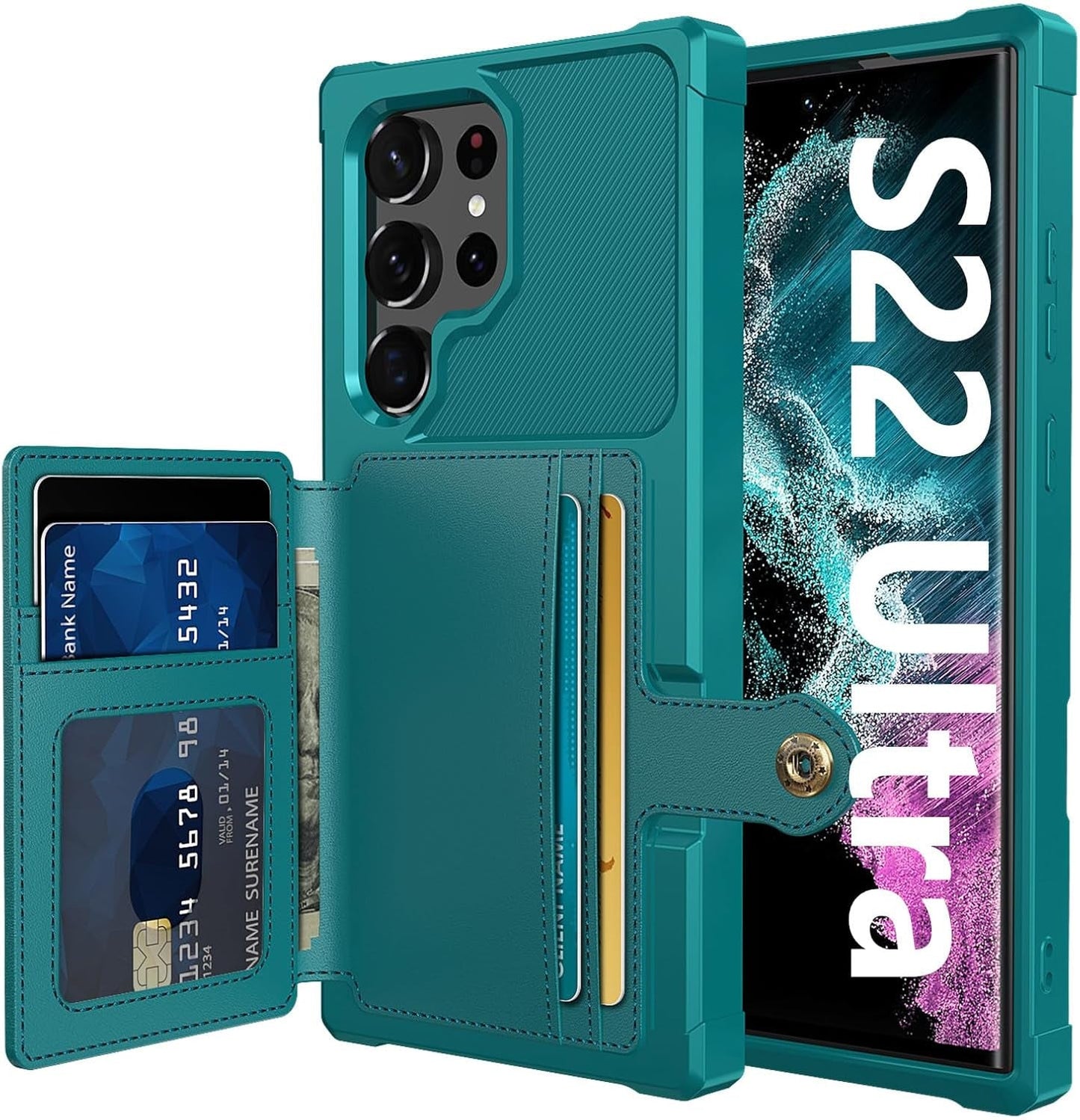 For Samsung Galaxy S22 Ultra Case with Card Holder, Compatible with Magnetic Car Mount, Heavy Duty Shockproof Rugged Soft TPU Back Leather Flip Wallet Cover 6.8 Inch, Red