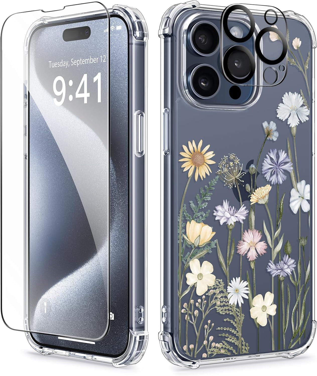 GVIEWIN for Iphone 15 Pro Case Floral, with Screen Protector+Camera Lens Protector, [Not Yellowing] Slim Shockproof Clear Phone Protective Cover for Women, Flower Pattern Design (Ranunculus/Pink)  GVIEWIN Vibrant Spring  