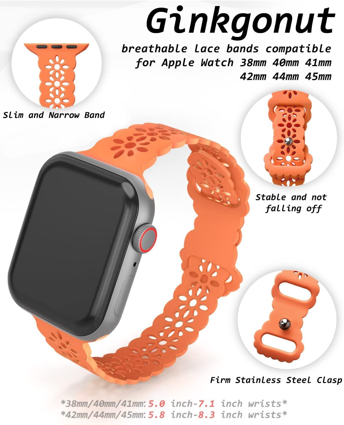 Ginkgonut Lace Silicone Bands Compatible with Apple Watch Band 38Mm 40Mm 41Mm 42Mm 44Mm 45Mm 49Mm,Women Slim Thin Hollow-Out Iwatch Sport Wristband for Apple Watch Ultra Series SE 8 7 6 5 4 3 2 1