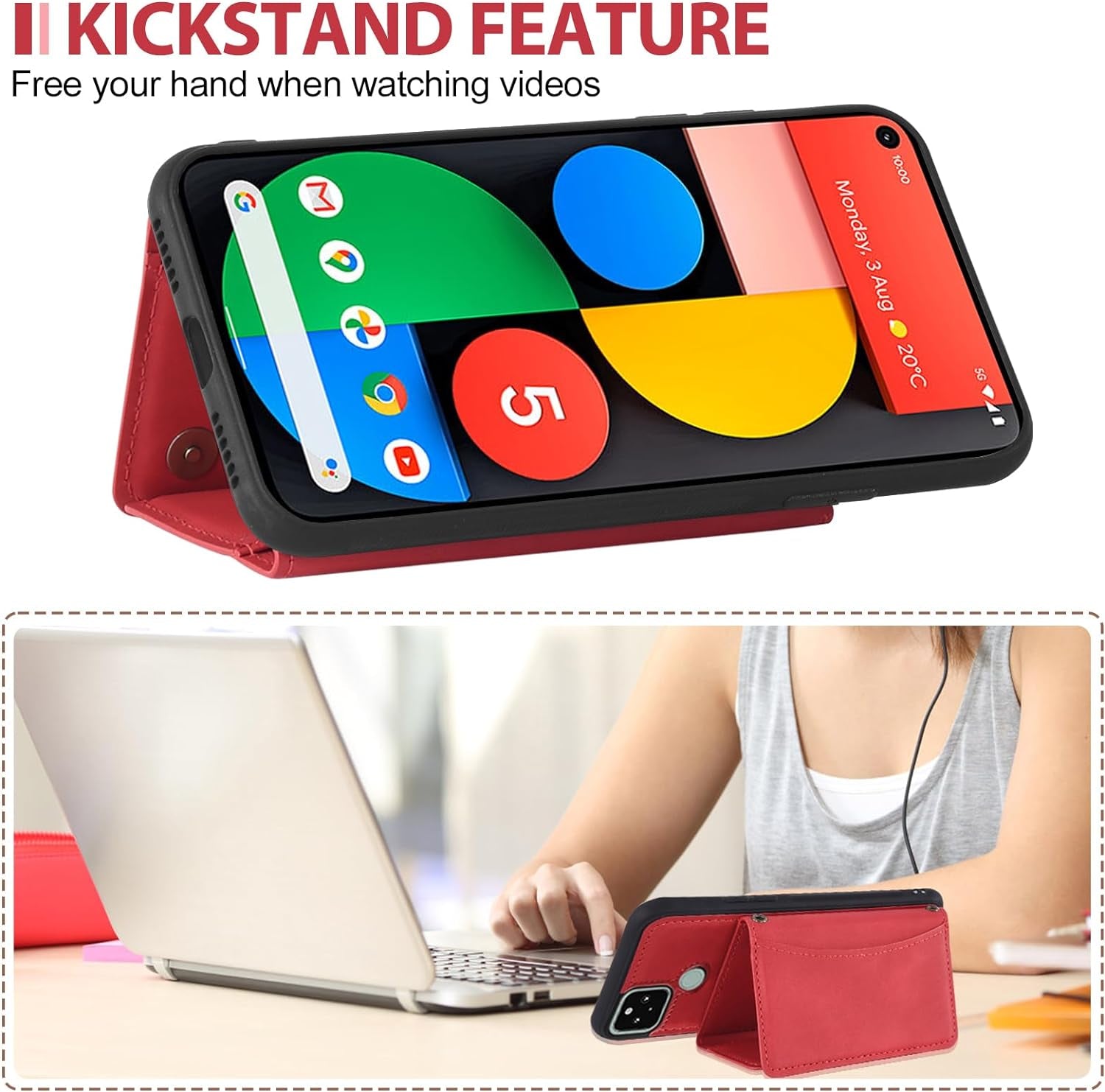 Asuwish Phone Case for Google Pixel 5 Wallet Cover with Tempered Glass Screen Protector and PU Leather Credit Card Holder Stand Rugged Mobile TPU Cell Accessories Pixel5 5G Pixle Five G5 Women Men Red  Asuwish   